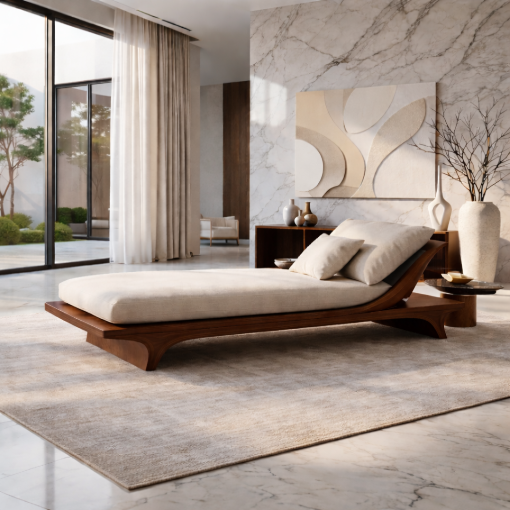 Modern Solid Wood Daybed Frame with Curved Backrest – Minimalist Wooden Lounge Bed