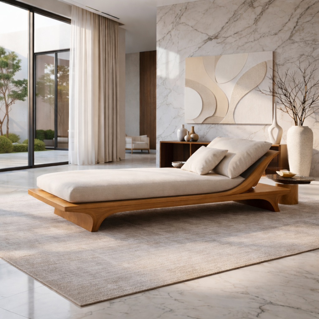 Modern Solid Wood Daybed Frame with Curved Backrest – Minimalist Wooden Lounge Bed