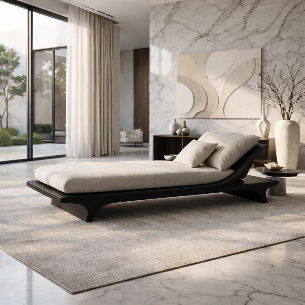 Modern Solid Wood Daybed Frame with Curved Backrest – Minimalist Wooden Lounge Bed