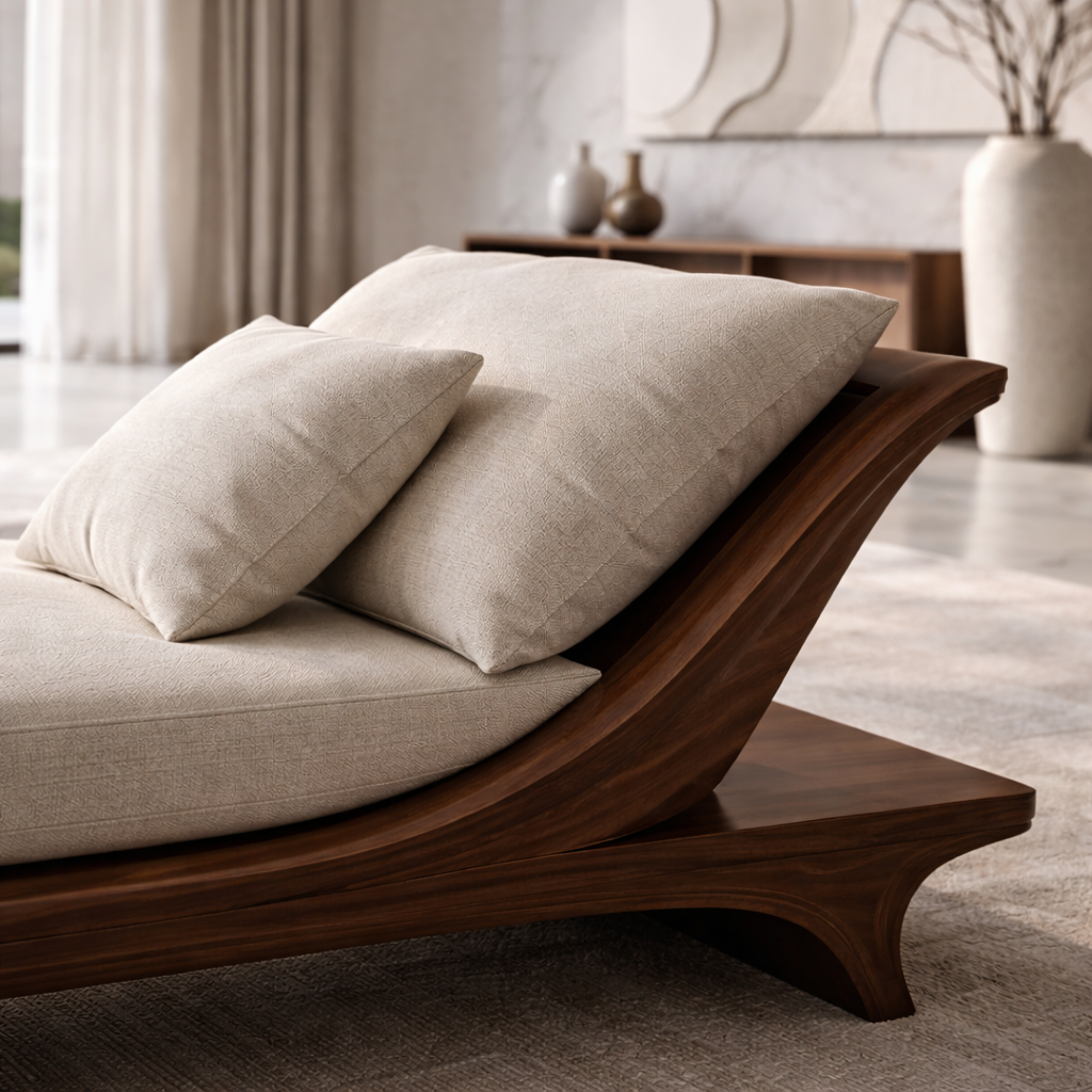Modern Solid Wood Daybed Frame with Curved Backrest – Minimalist Wooden Lounge Bed