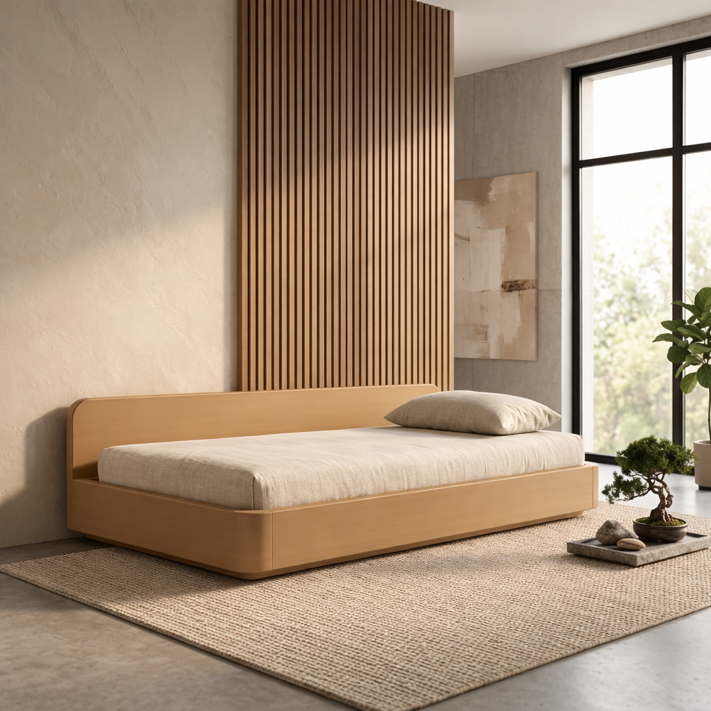 Solid Wood Daybed Frame with Backrest – Modern Minimalist Platform Lounge Bed