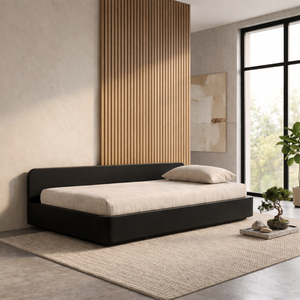Solid Wood Daybed Frame with Backrest – Modern Minimalist Platform Lounge Bed
