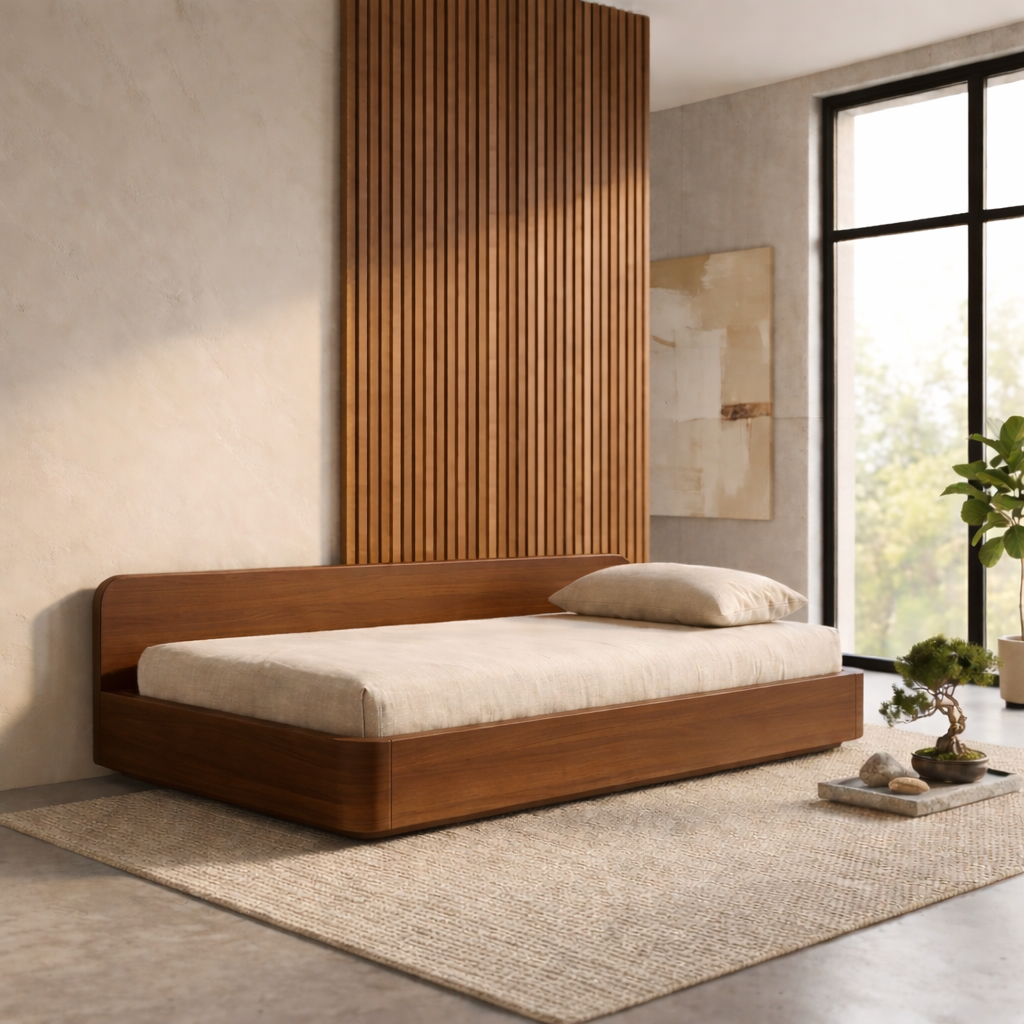 Solid Wood Daybed Frame with Backrest – Modern Minimalist Platform Lounge Bed