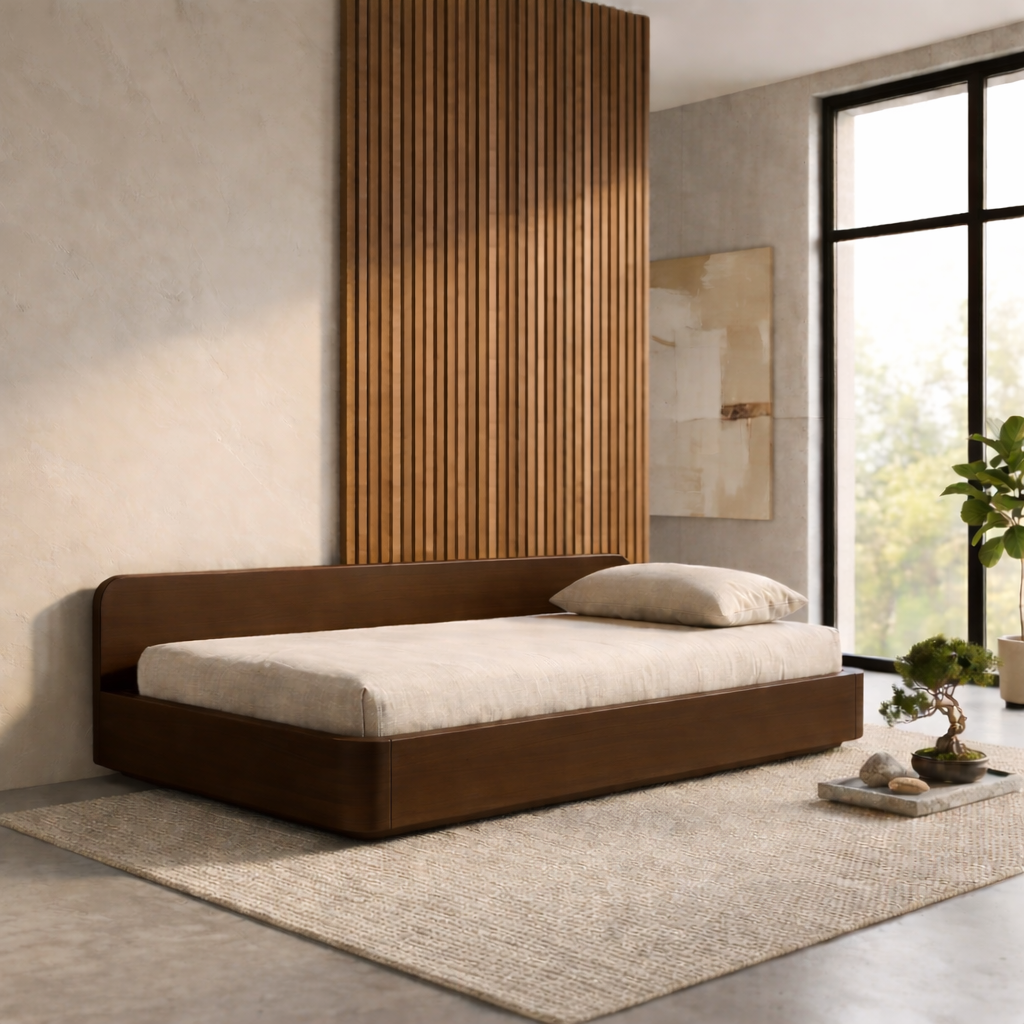 Solid Wood Daybed Frame with Backrest – Modern Minimalist Platform Lounge Bed