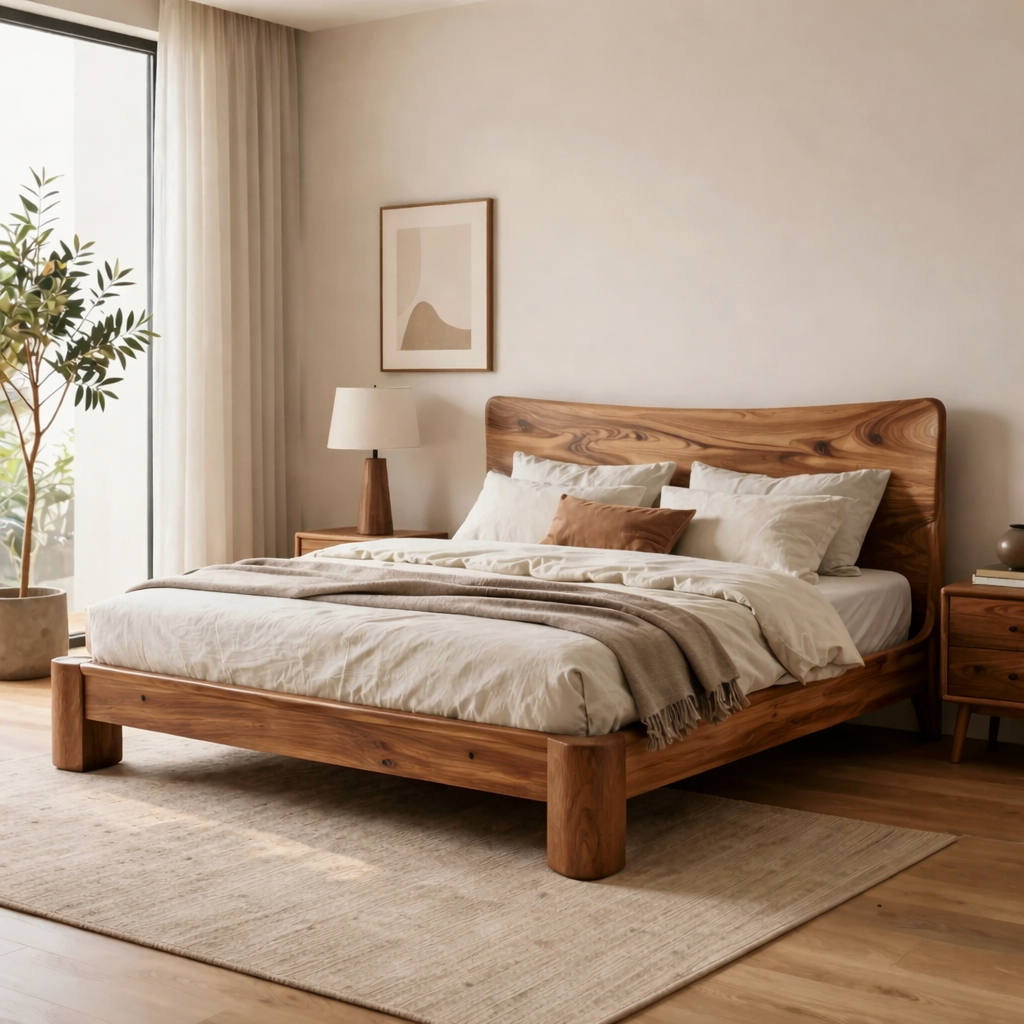 Solid Wood Platform Bed with Curved Headboard – Thick Frame Rustic Modern Bed