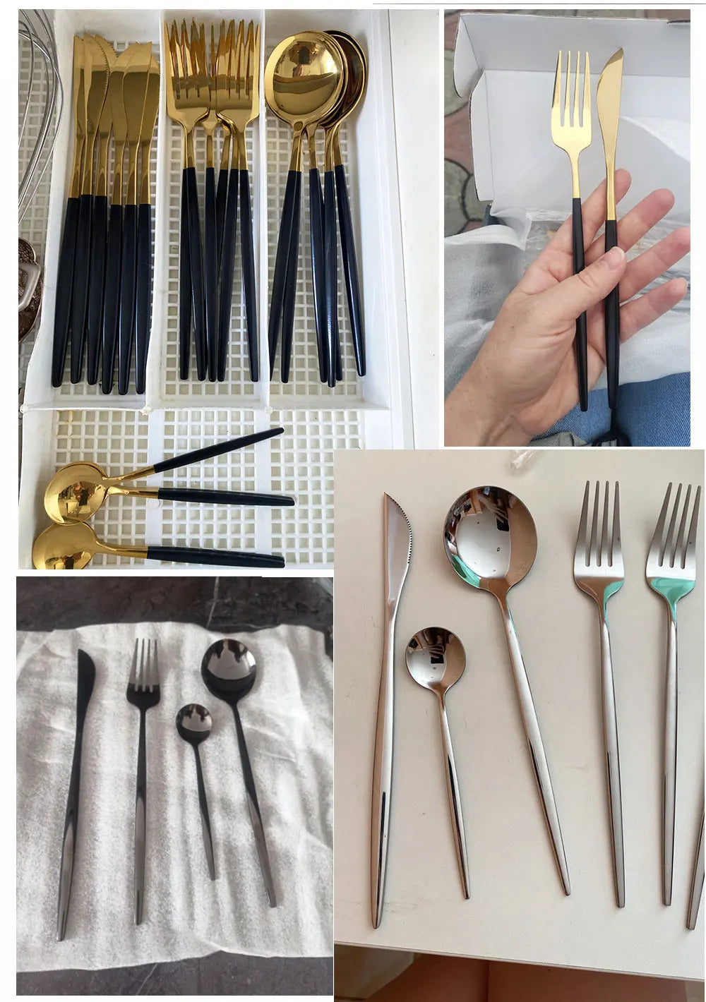 24-Piece Stainless Steel Cutlery Set – Elegant Golden, Silver, & Black Silverware Set for Fine Dining – Rust-Resistant Knife, Fork, & Spoon Set with Black Handles
