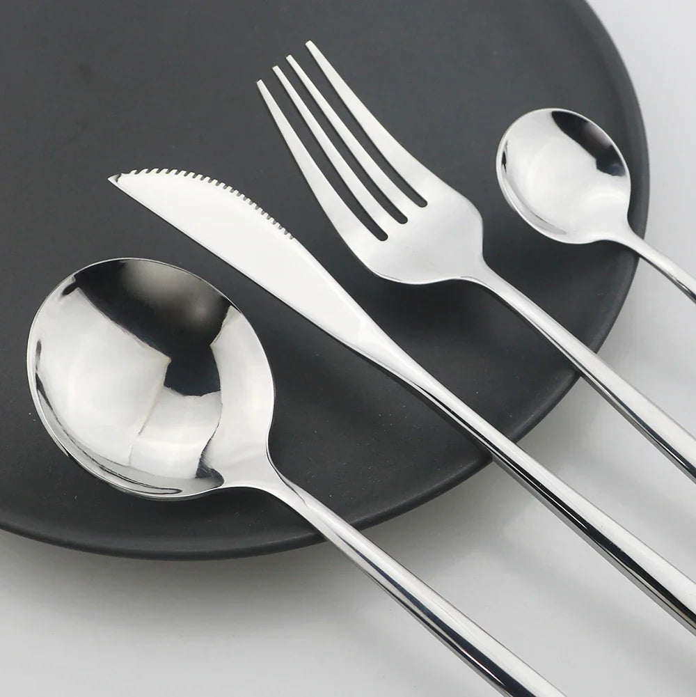 24-Piece Stainless Steel Cutlery Set – Elegant Golden, Silver, & Black Silverware Set for Fine Dining – Rust-Resistant Knife, Fork, & Spoon Set with Black Handles
