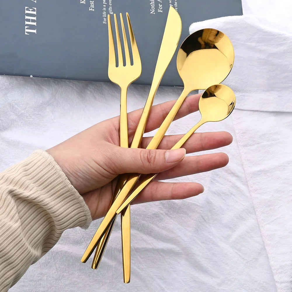 24-Piece Stainless Steel Cutlery Set – Elegant Golden, Silver, & Black Silverware Set for Fine Dining – Rust-Resistant Knife, Fork, & Spoon Set with Black Handles