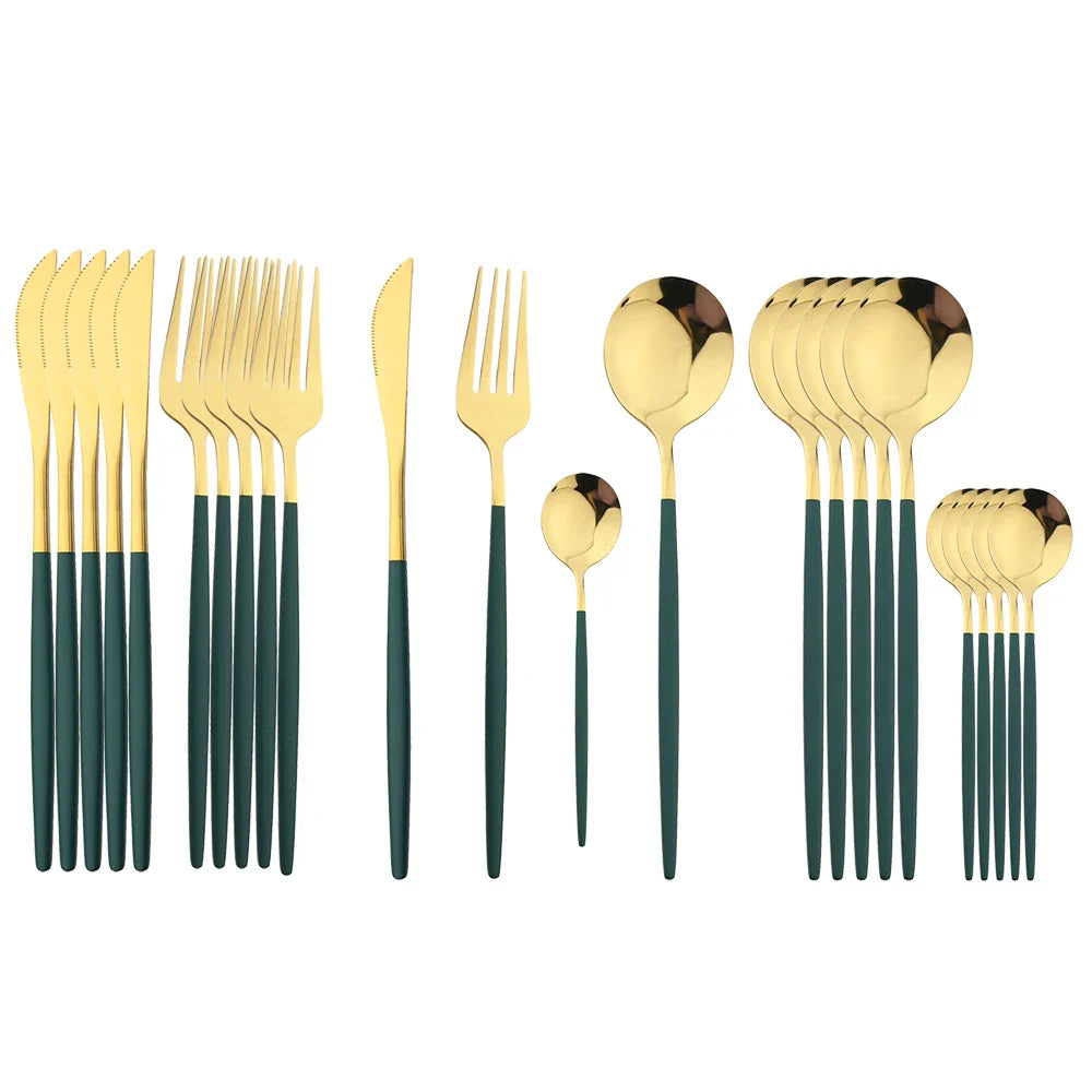 24-Piece Stainless Steel Cutlery Set – Elegant Golden, Silver, & Black Silverware Set for Fine Dining – Rust-Resistant Knife, Fork, & Spoon Set with Black Handles