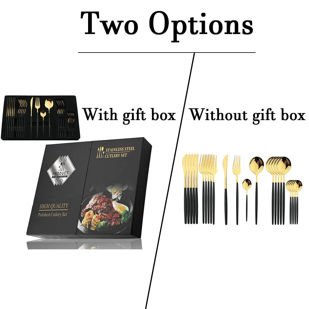 24-Piece Stainless Steel Cutlery Set – Elegant Golden, Silver, & Black Silverware Set for Fine Dining – Rust-Resistant Knife, Fork, & Spoon Set with Black Handles