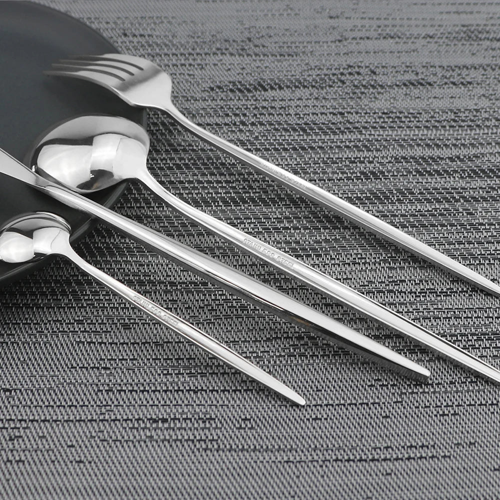 24-Piece Stainless Steel Cutlery Set – Elegant Golden, Silver, & Black Silverware Set for Fine Dining – Rust-Resistant Knife, Fork, & Spoon Set with Black Handles