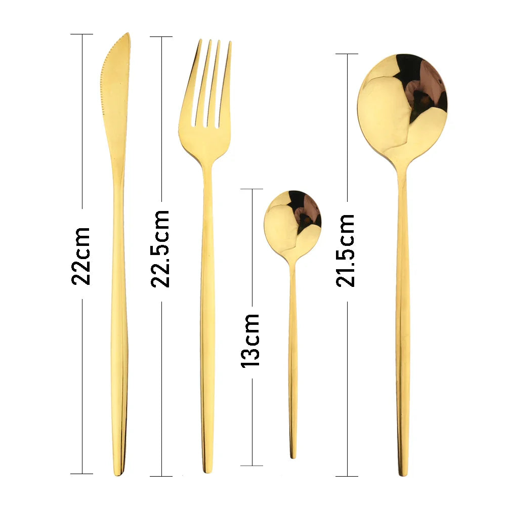 24-Piece Stainless Steel Cutlery Set – Elegant Golden, Silver, & Black Silverware Set for Fine Dining – Rust-Resistant Knife, Fork, & Spoon Set with Black Handles