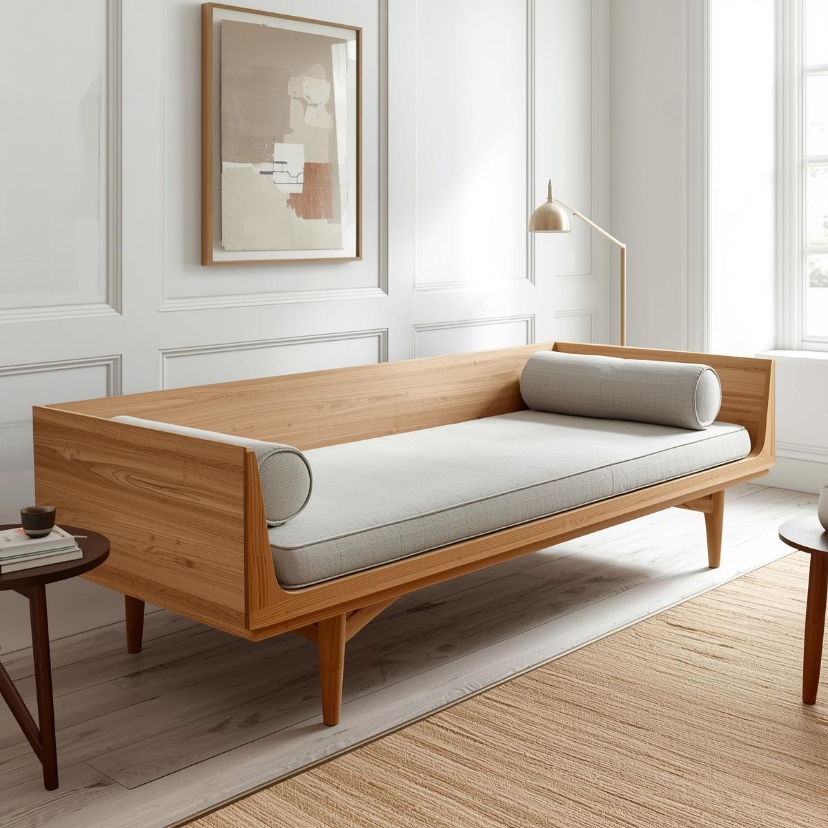 Mid-Century Solid Wood Daybed with Tapered Legs and Side Backrest – Modern Lounge Bench