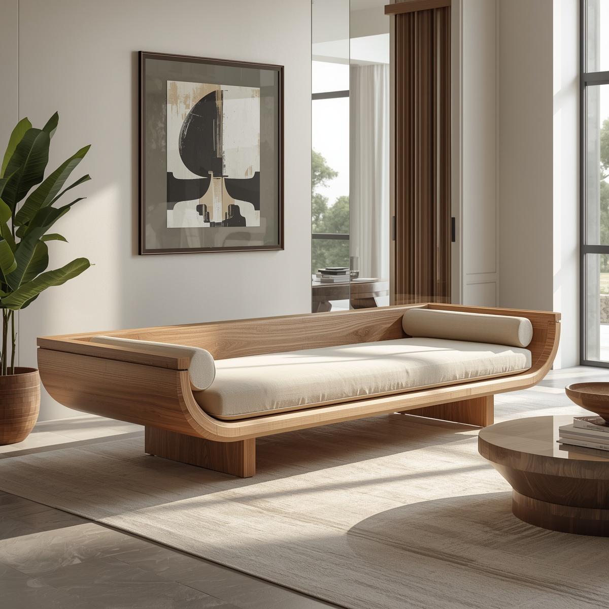 Contemporary Solid Wood Daybed with Curved Backrest and Cushioned Seat