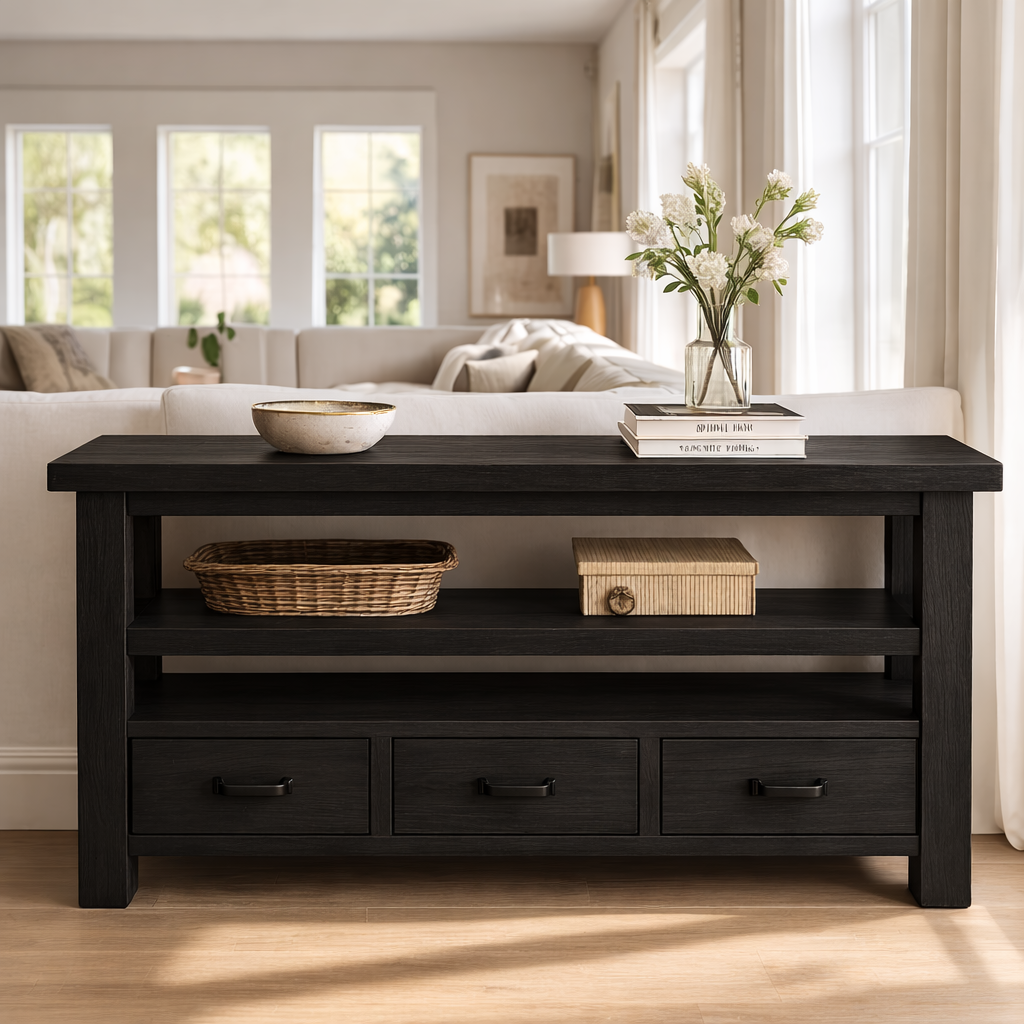Solid Wood Console Table with Drawers and Open Shelf