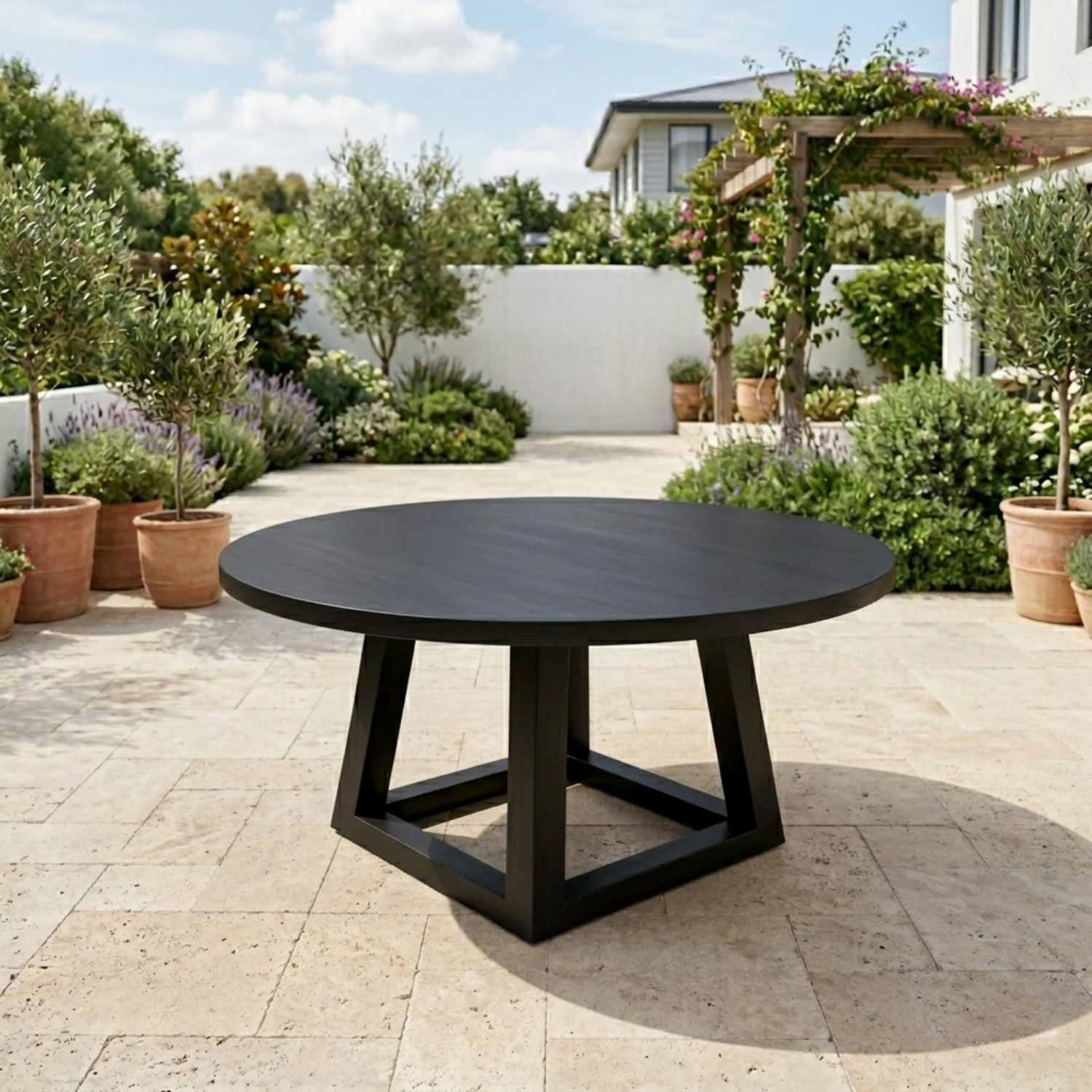 Round Solid Wood Outdoor Dining Table with Geometric Cross Pedestal Base