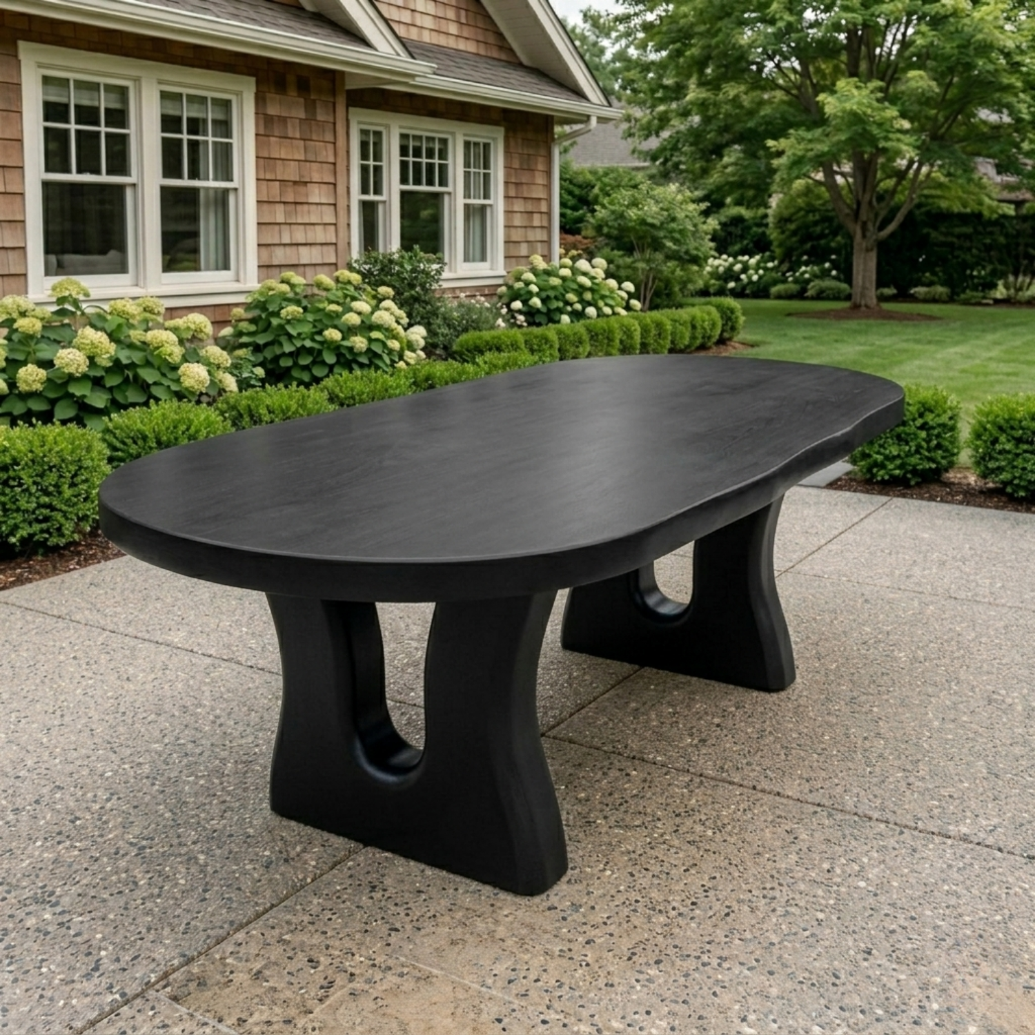 Live Edge Solid Wood Outdoor Dining Table with Sculpted Double Arch Base