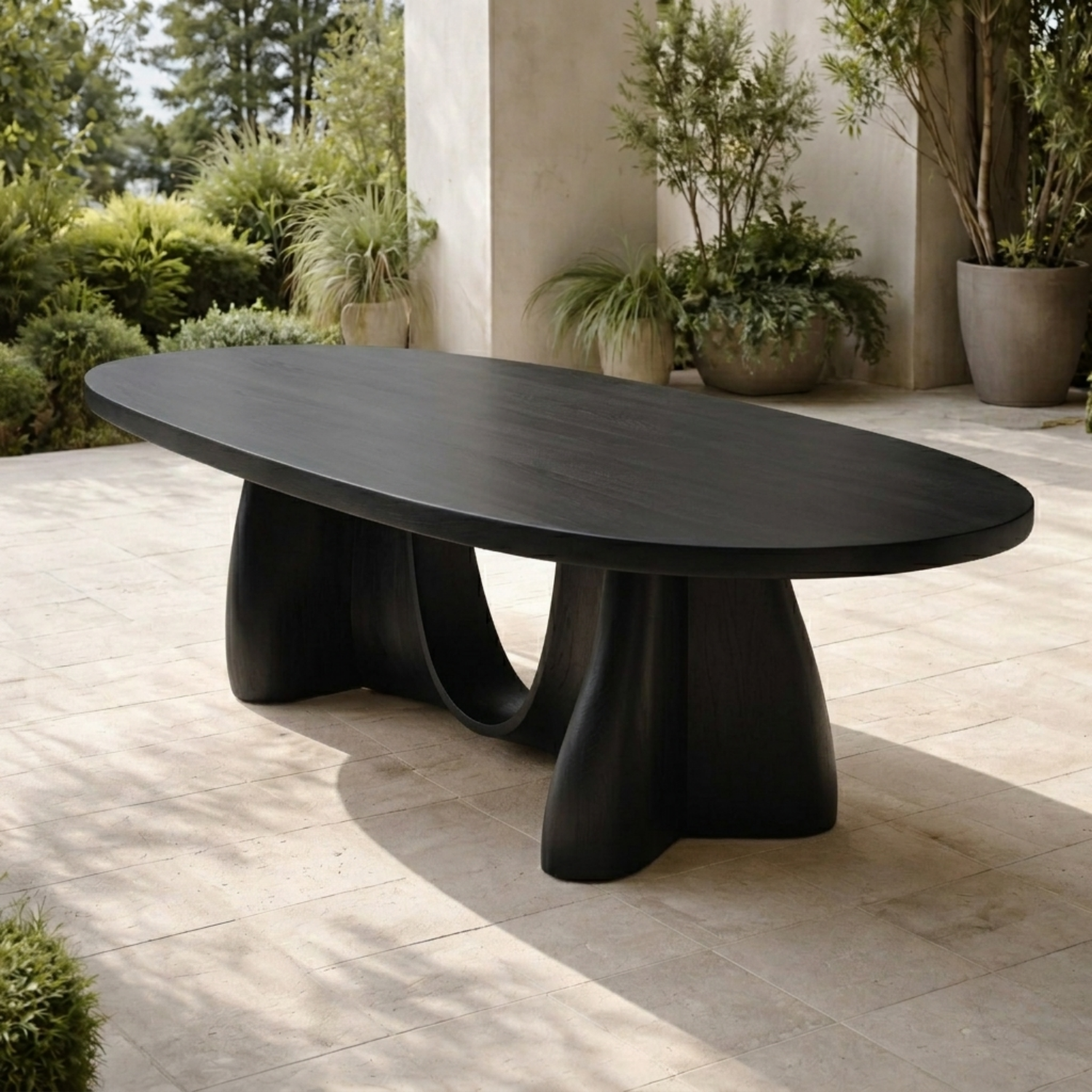 Oval Solid Wood Outdoor Dining Table with Sculptural Curved Pedestal Base