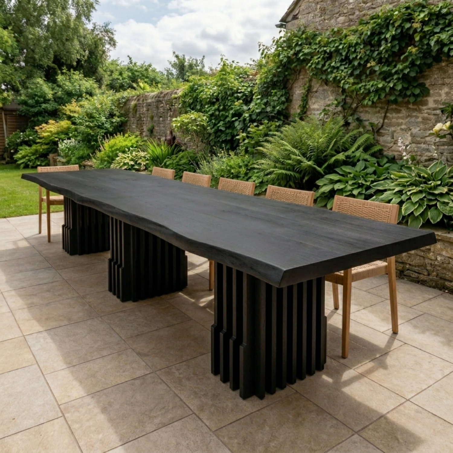 Solid Wood Outdoor Dining Table Live Edge Top with Fluted Multi-Pedestal Base