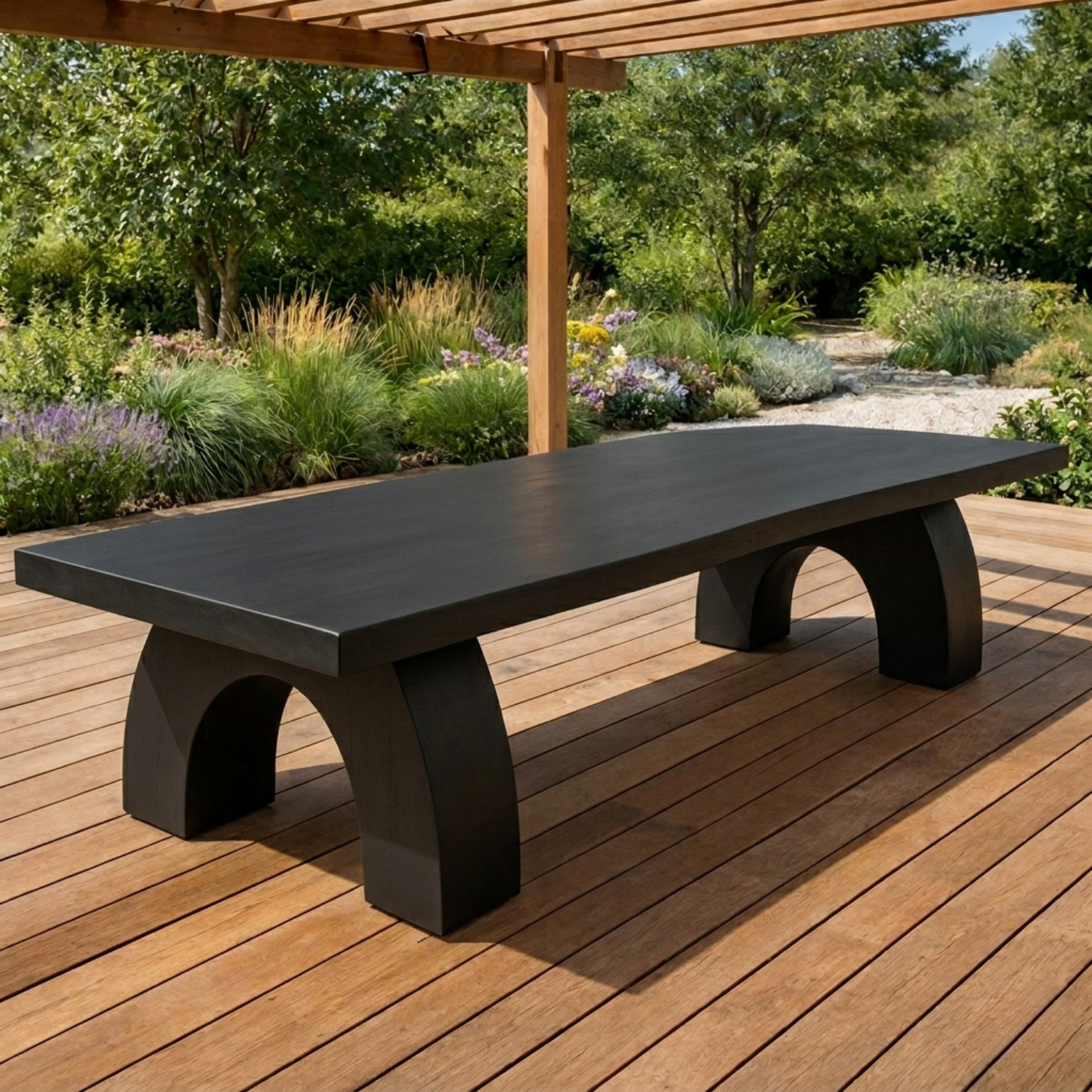 Solid Wood Outdoor Dining Table Rectangular Top with Arched Base Patio Garden Table