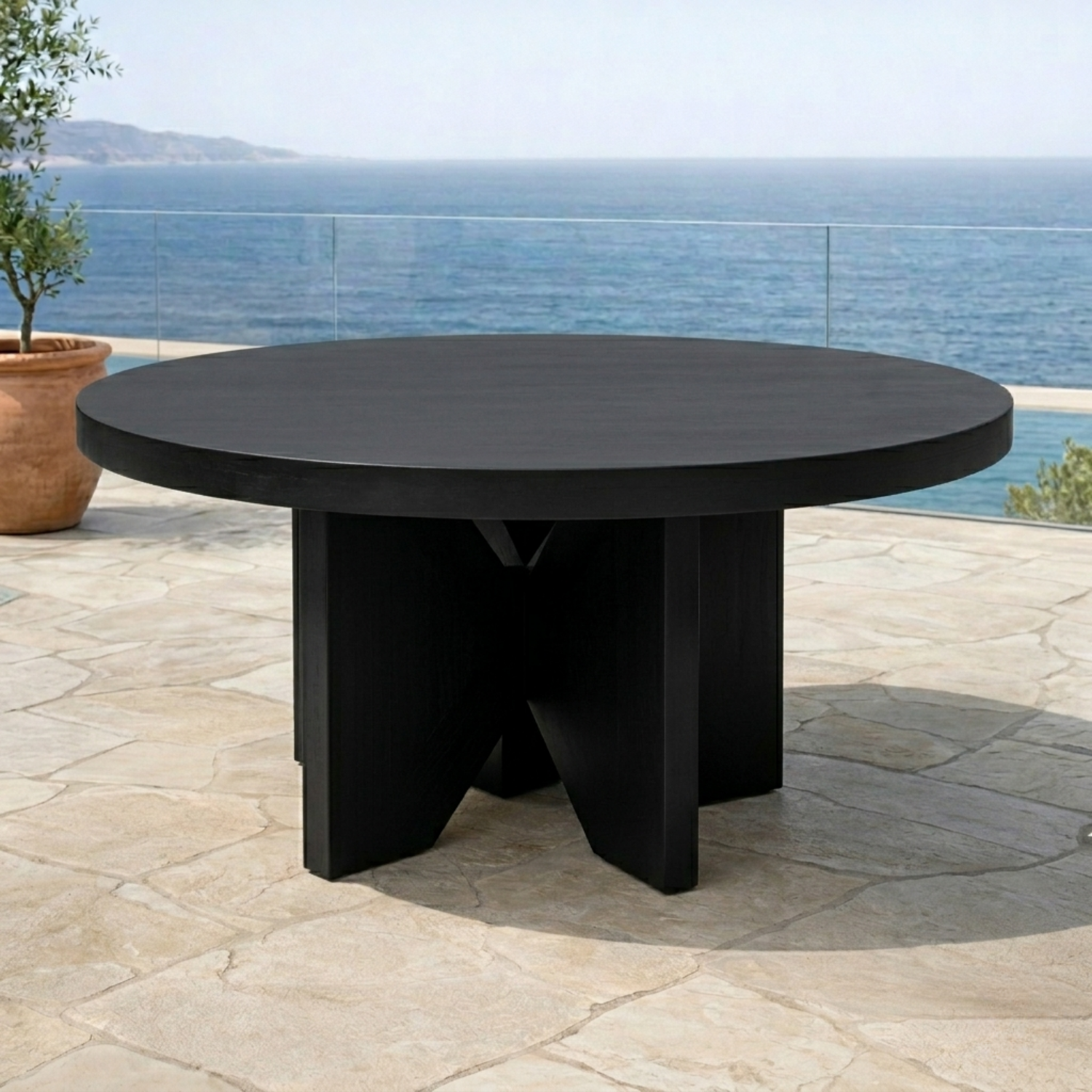 Round Solid Wood Outdoor Dining Table with Bold Cross Pedestal Base