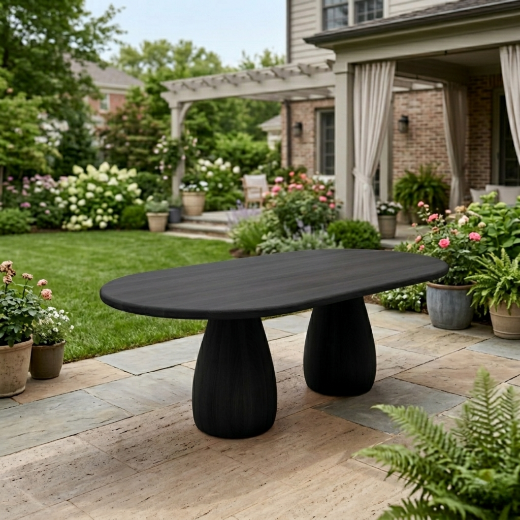Oval Solid Wood Outdoor Dining Table with Double Rounded Form Base