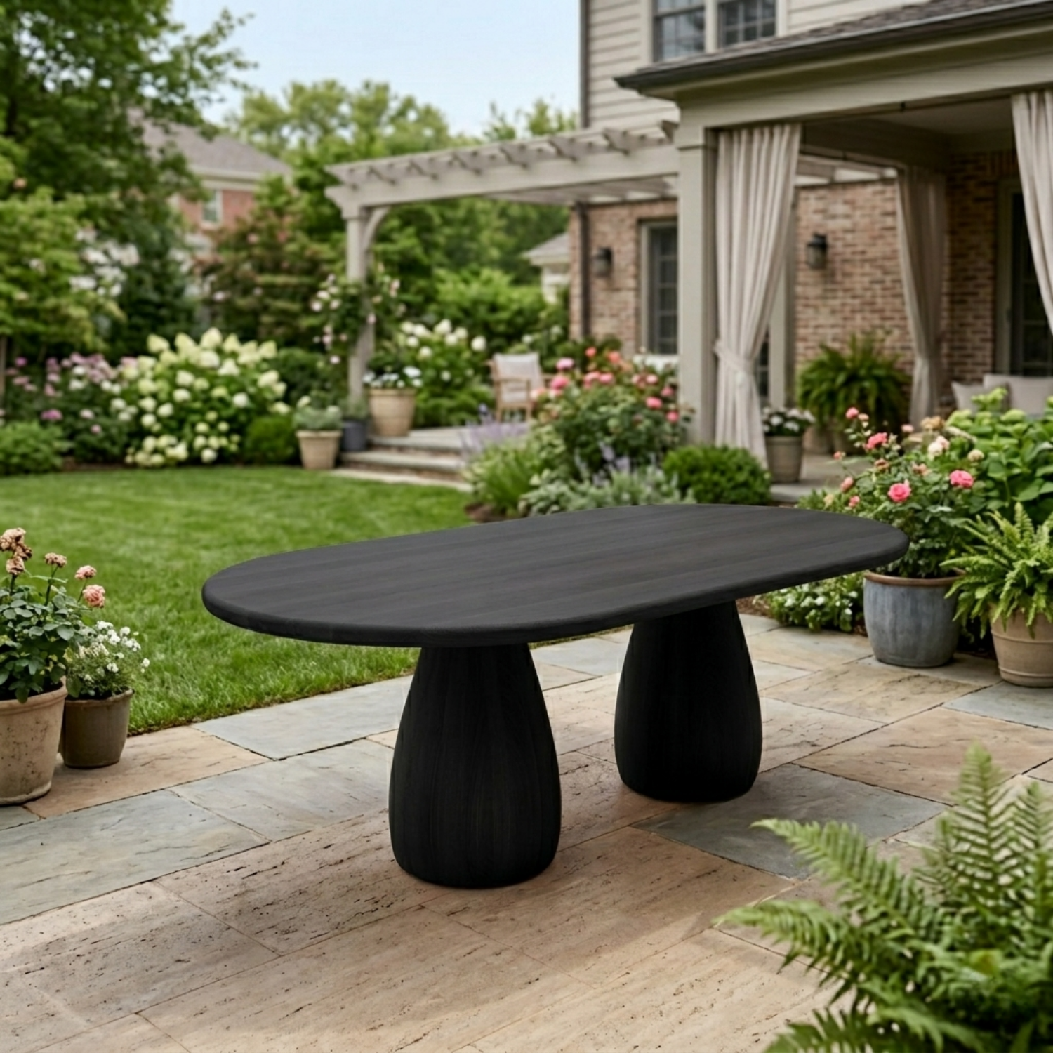 Oval Solid Wood Outdoor Dining Table with Double Rounded Form Base