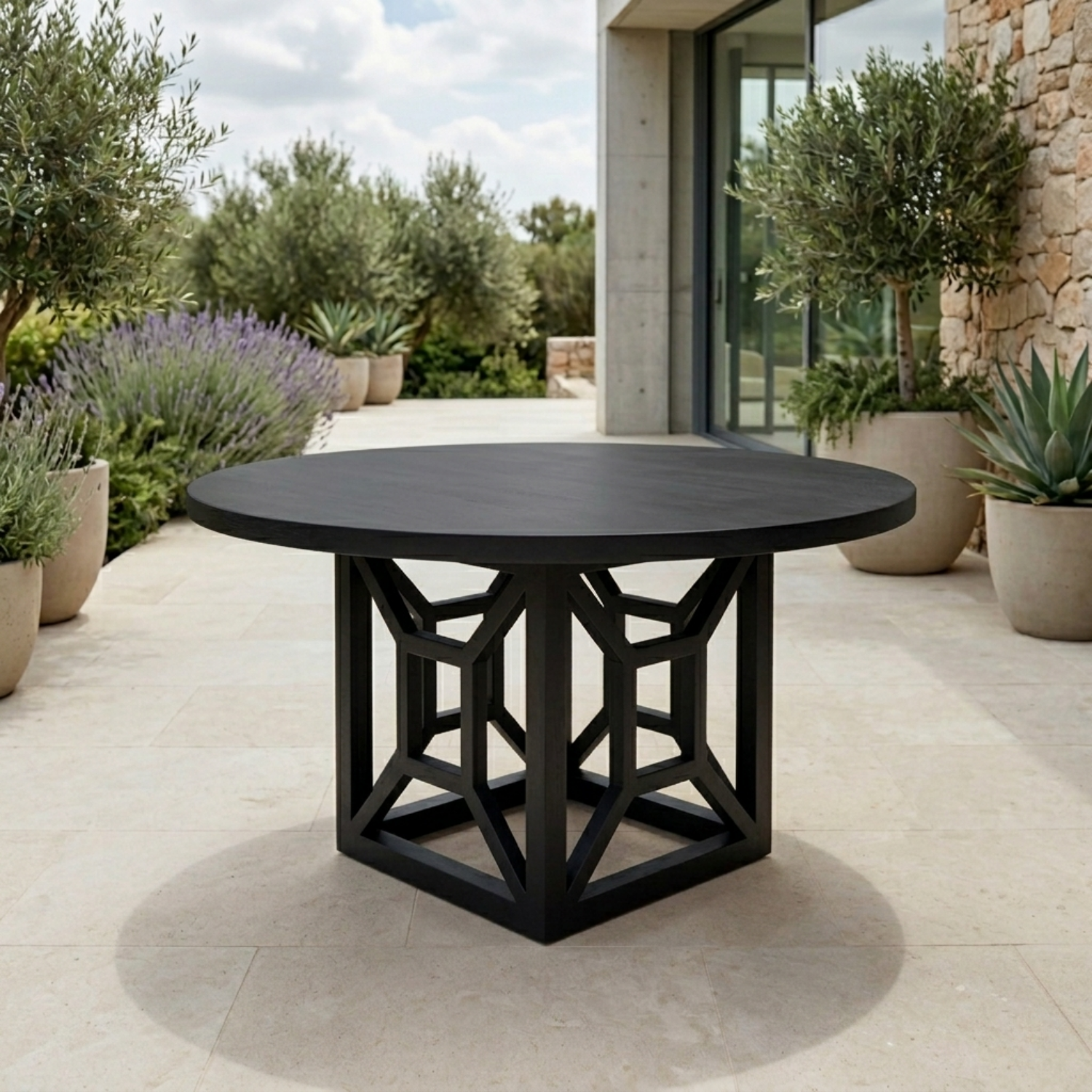 Round Solid Wood Outdoor Dining Table with Geometric Architectural Pedestal Base