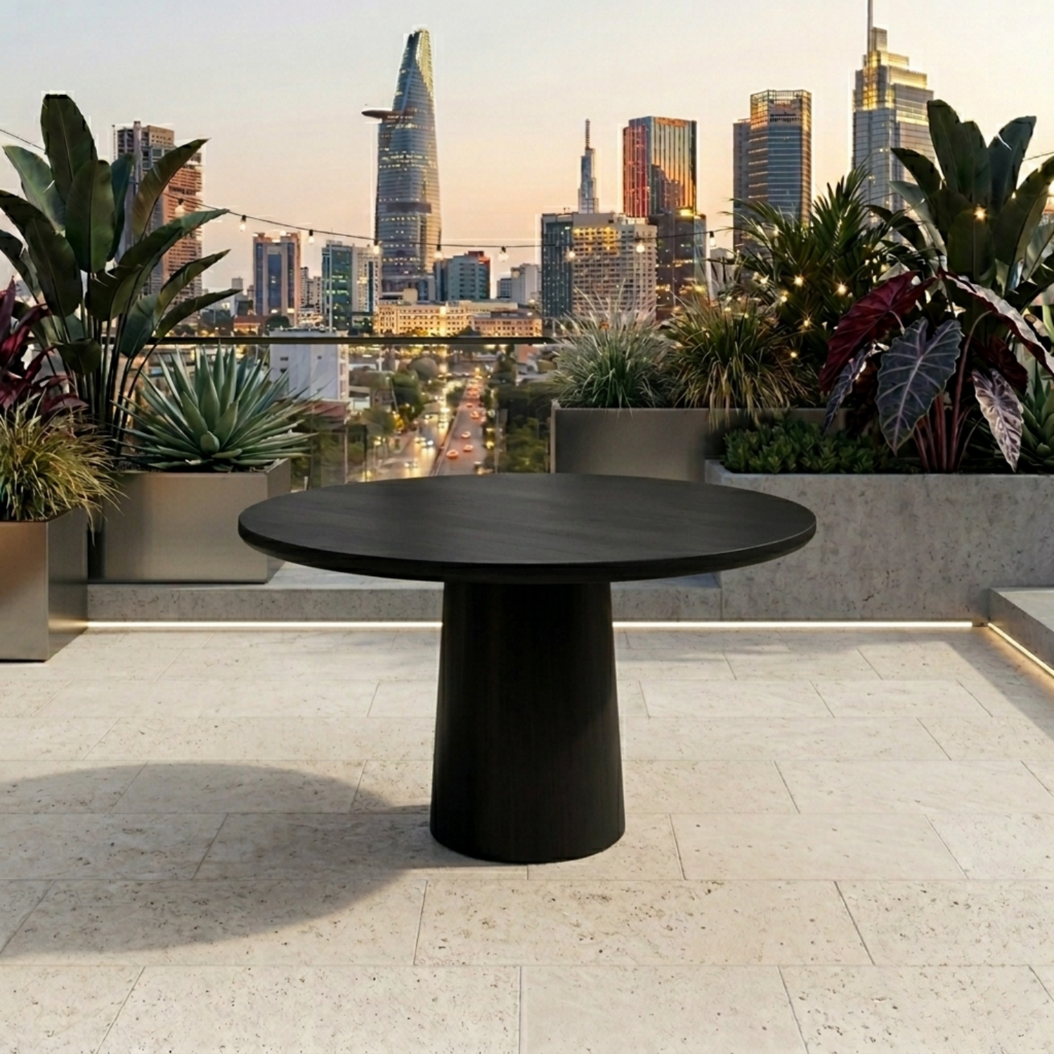 Round Solid Wood Outdoor Dining Table with Minimalist Cylinder Pedestal Base