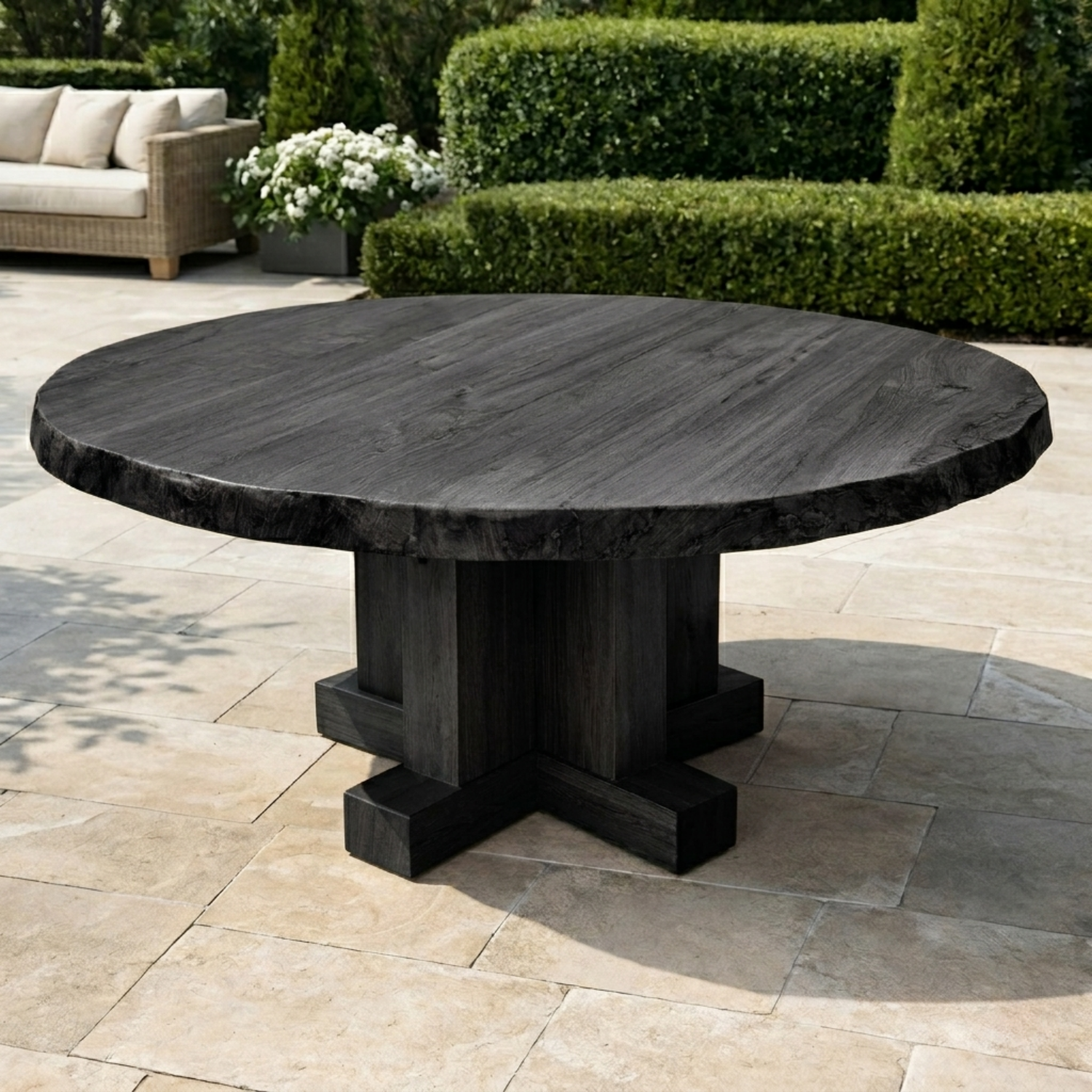 Round Live Edge Solid Wood Outdoor Dining Table with Cross Pedestal Base