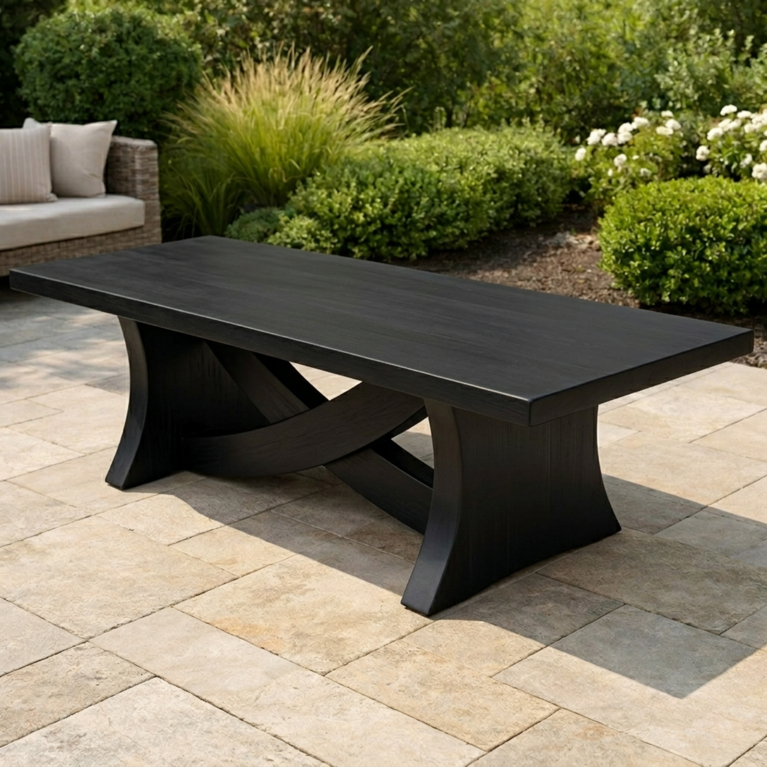 Solid Wood Outdoor Dining Table Rectangular Top with Sculptural Curved Cross Base