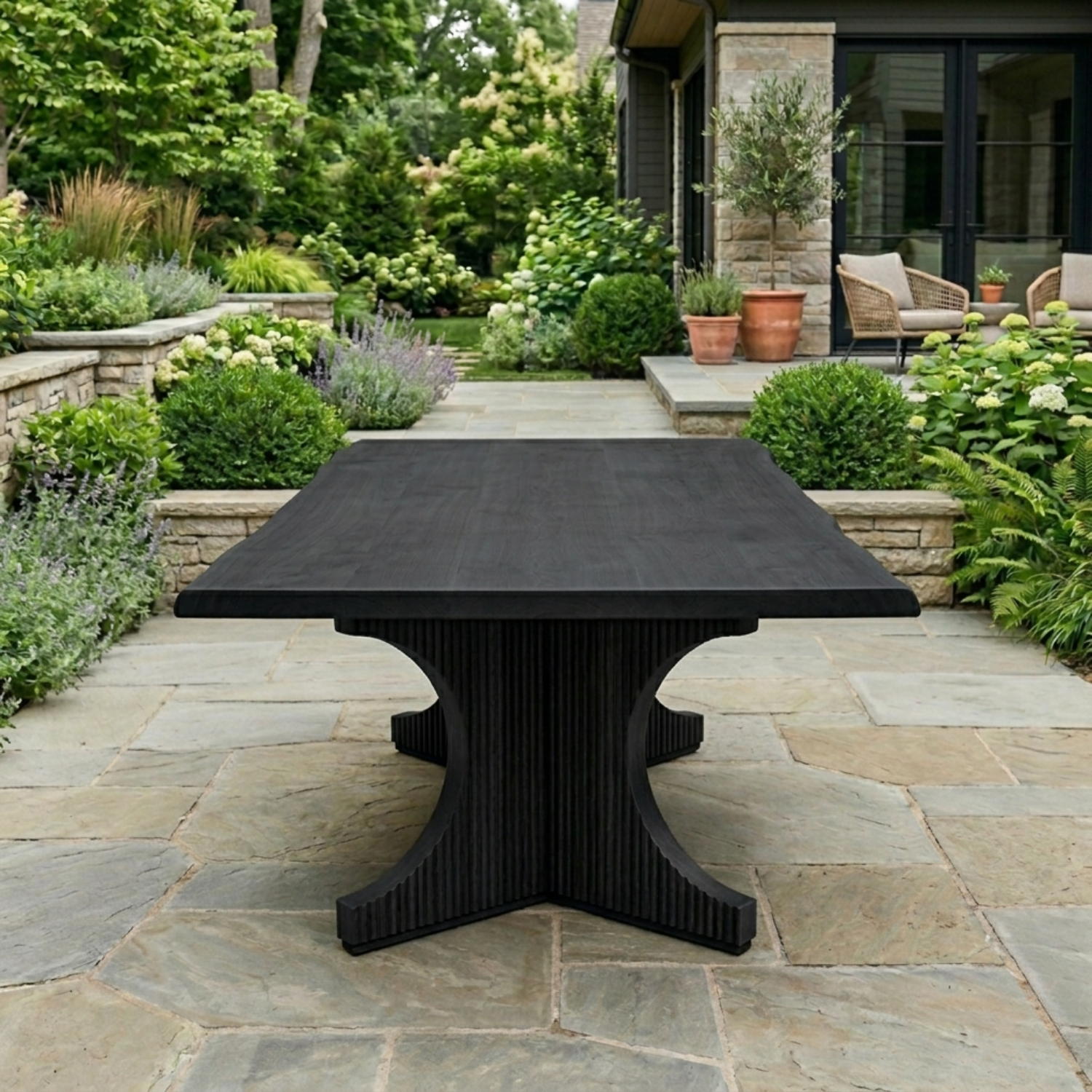 Solid Wood Outdoor Dining Table Square Top with Fluted Cross Pedestal Base