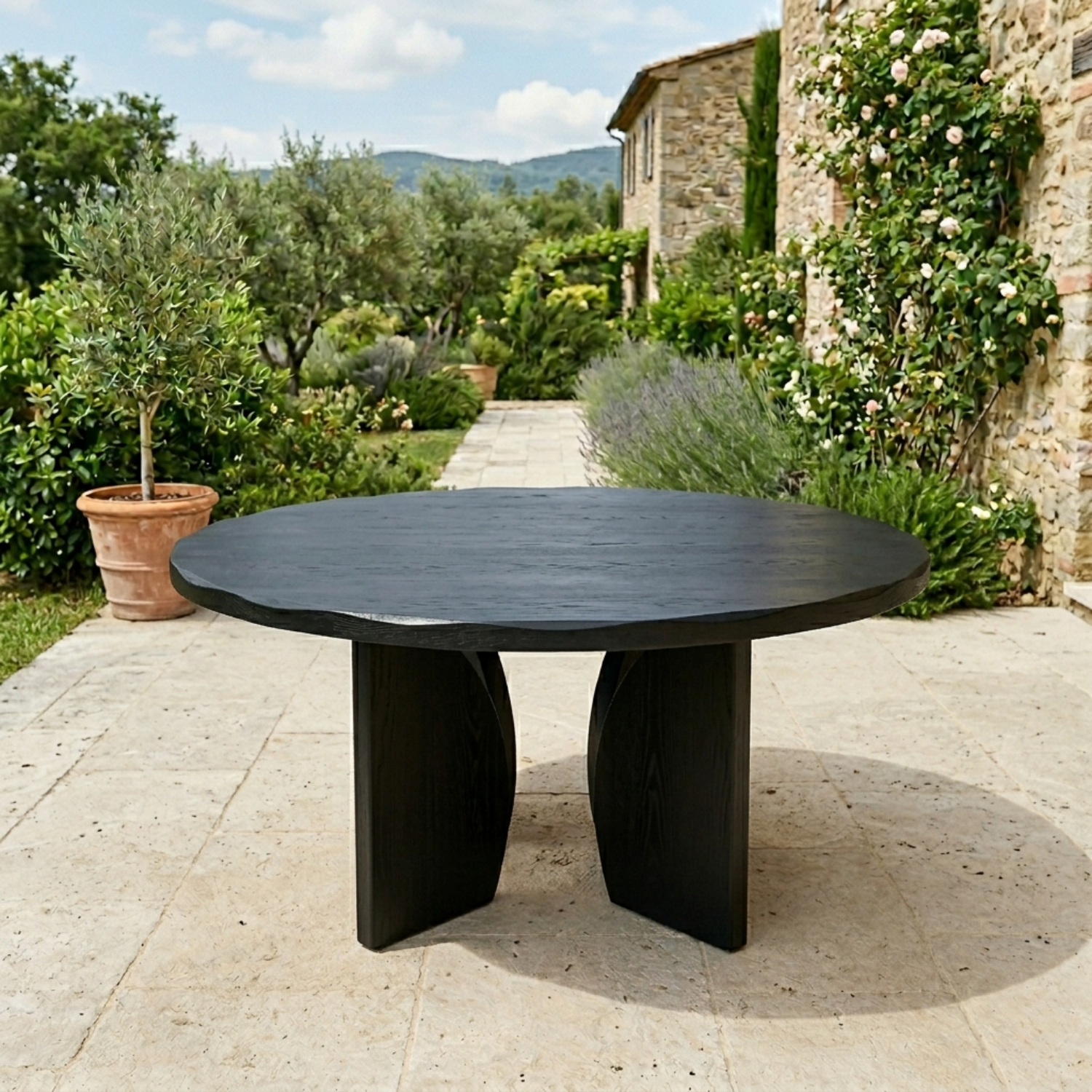 Round Solid Wood Outdoor Dining Table with Sculpted Twin Pedestal Base