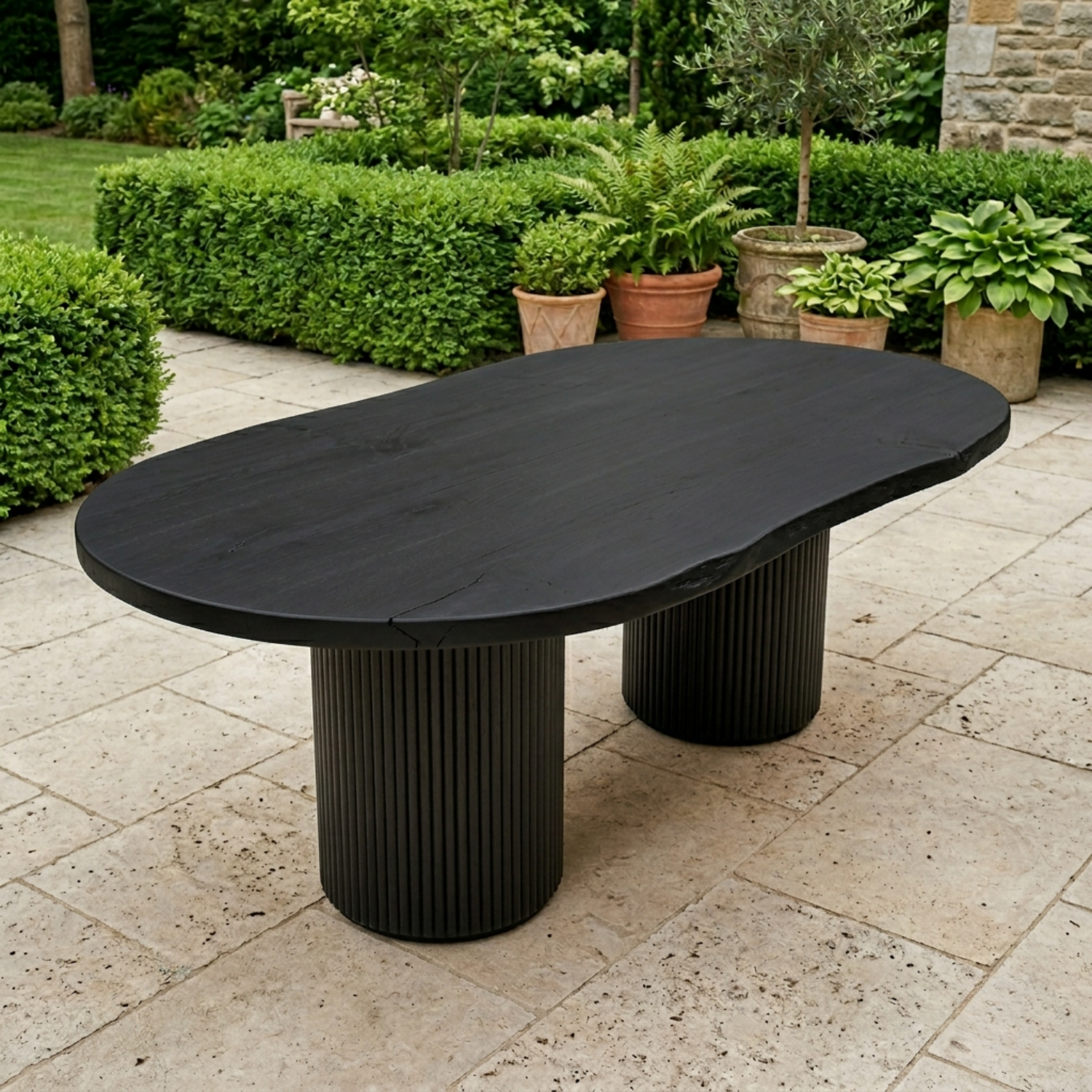 Solid Wood Outdoor Dining Table Oval Sculptural Base Modern Patio Garden Table
