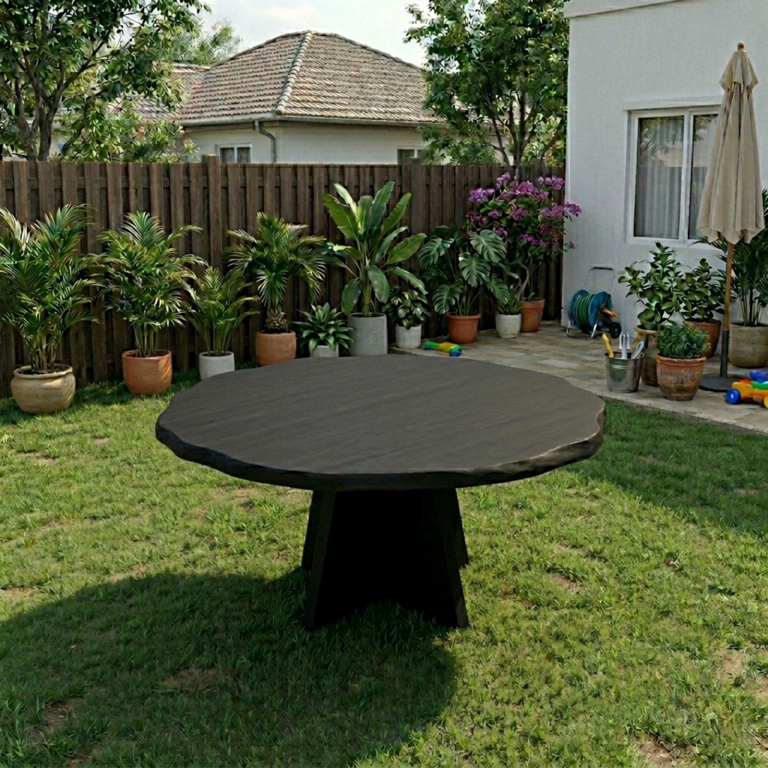 Round Live Edge Solid Wood Outdoor Dining Table with Sculptural Cross Pedestal Base