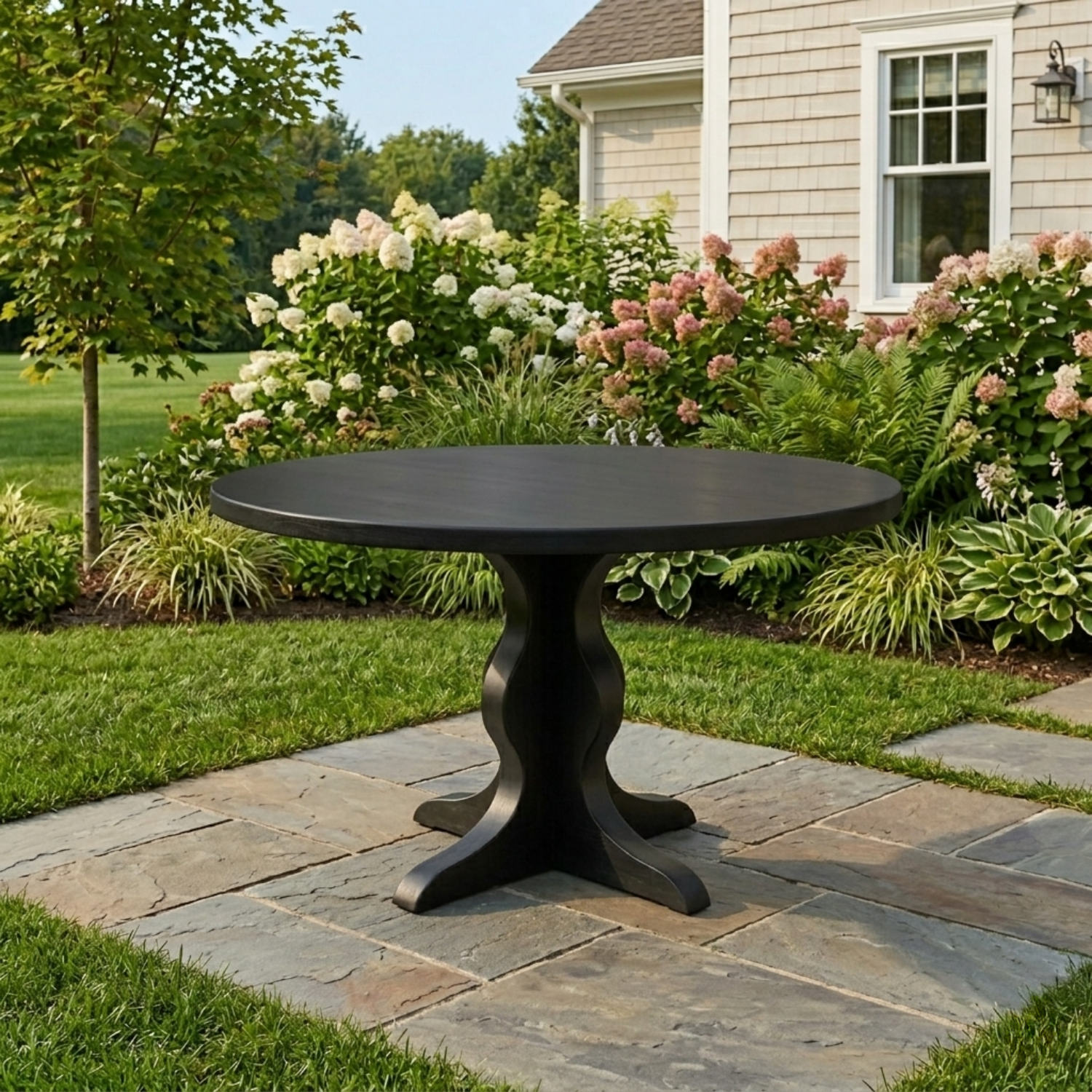 Round Solid Wood Outdoor Dining Table with Sculptural Pedestal Base