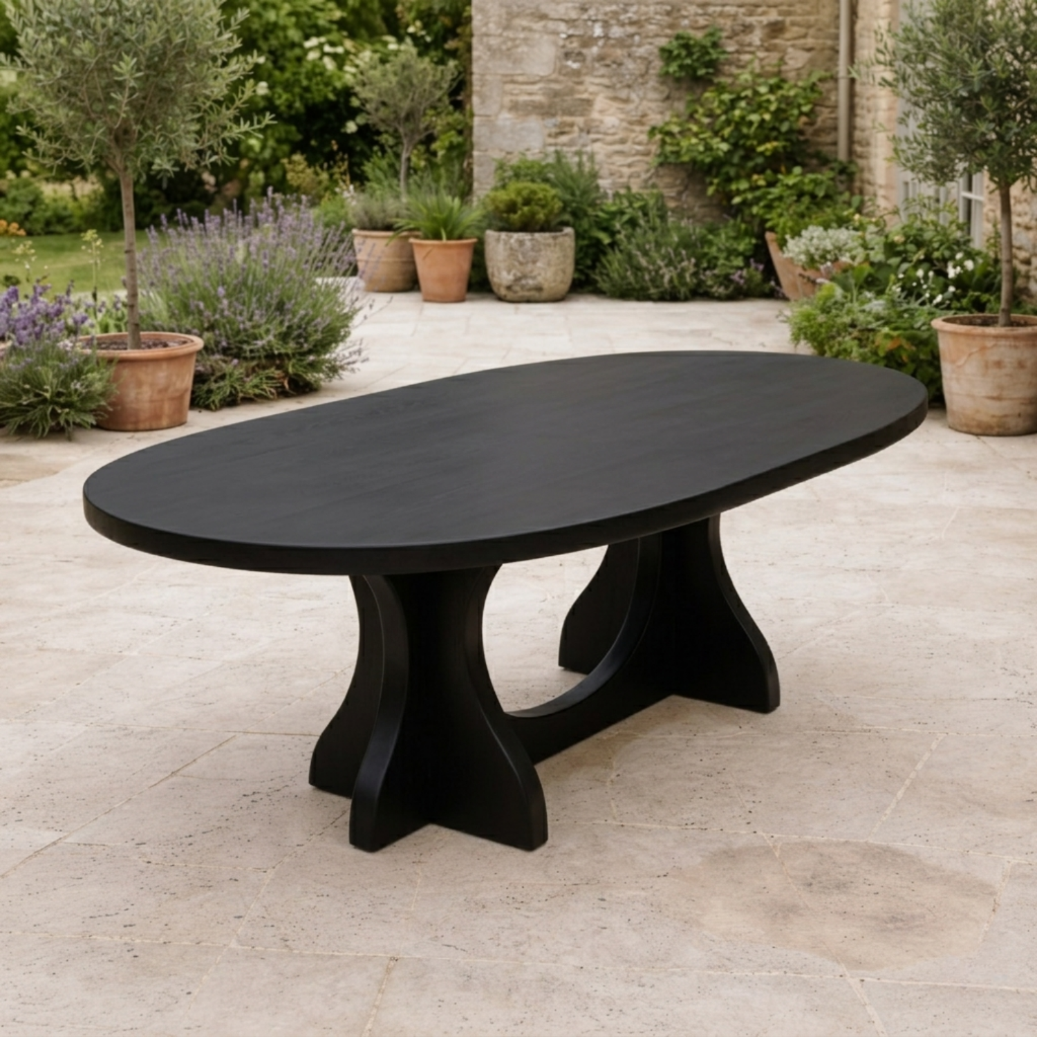 Oval Solid Wood Outdoor Dining Table with Curved Double Pedestal Base