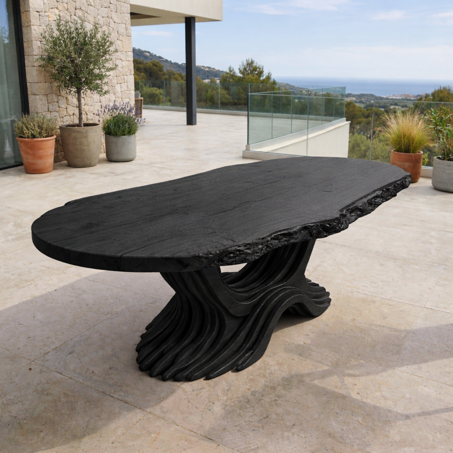 Live Edge Solid Wood Outdoor Dining Table with Sculptural Wave Pedestal Base
