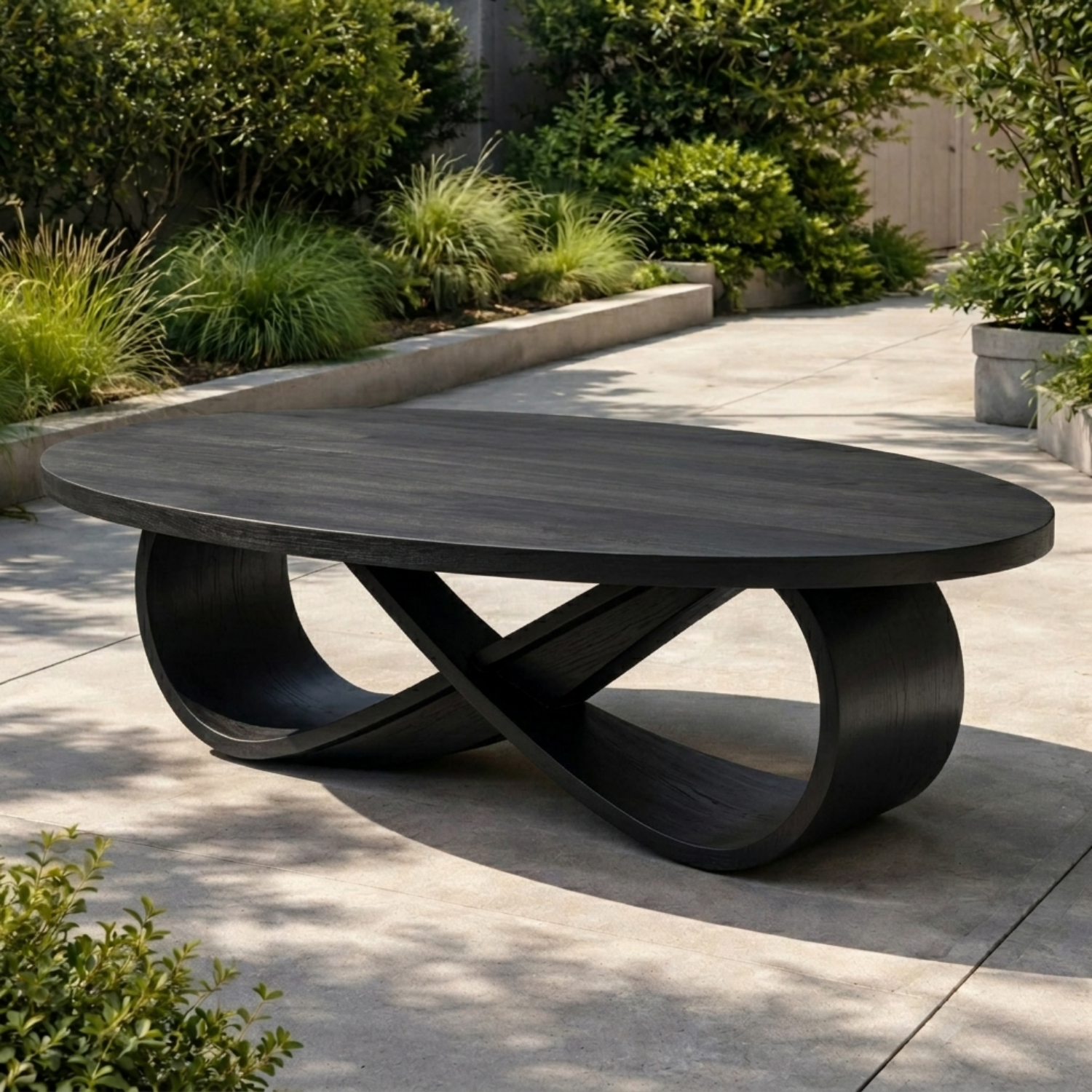 Solid Wood Outdoor Dining Table Oval Top with Sculptural Curved Loop Base