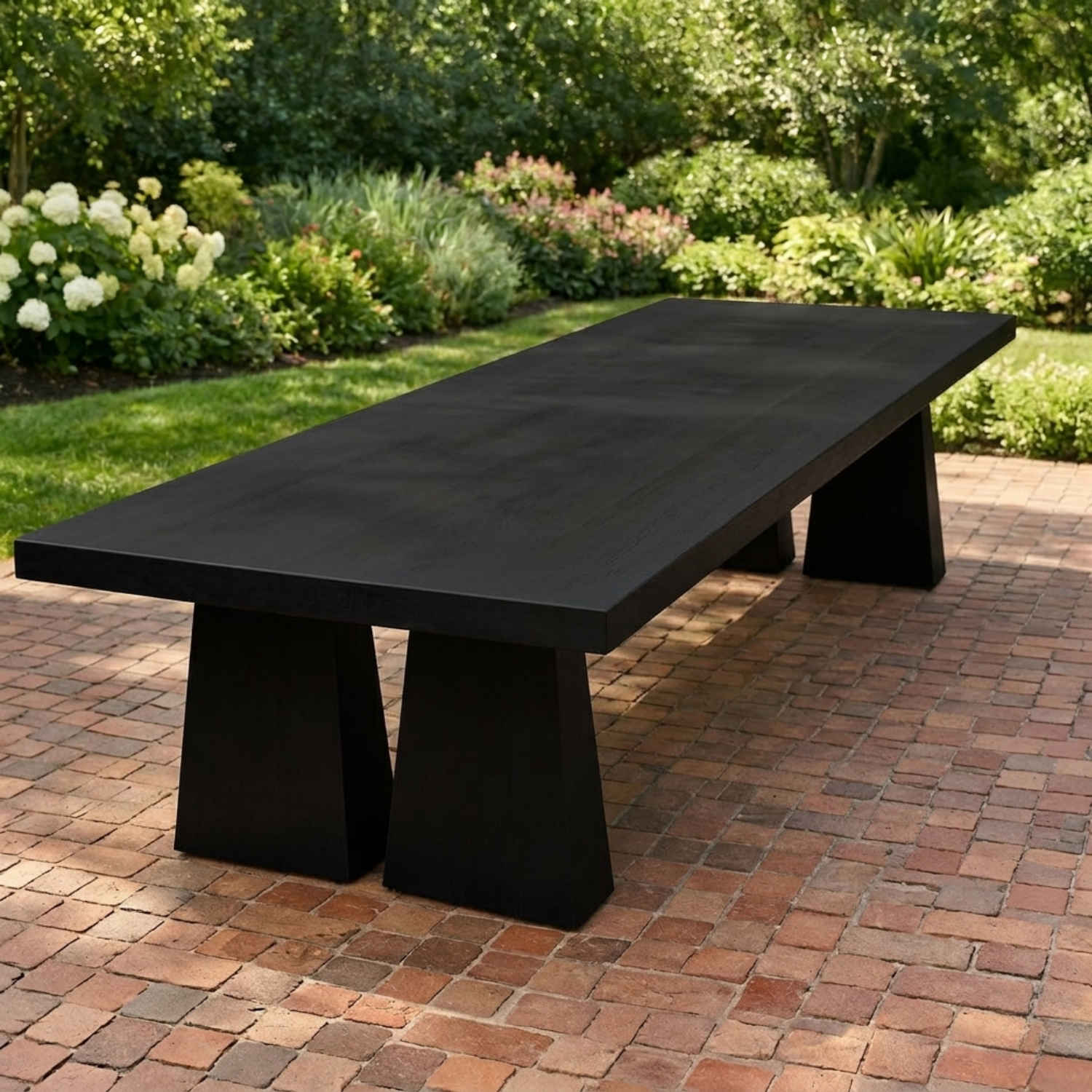 Solid Wood Outdoor Dining Table Rectangular Top with Dual Pedestal Block Base