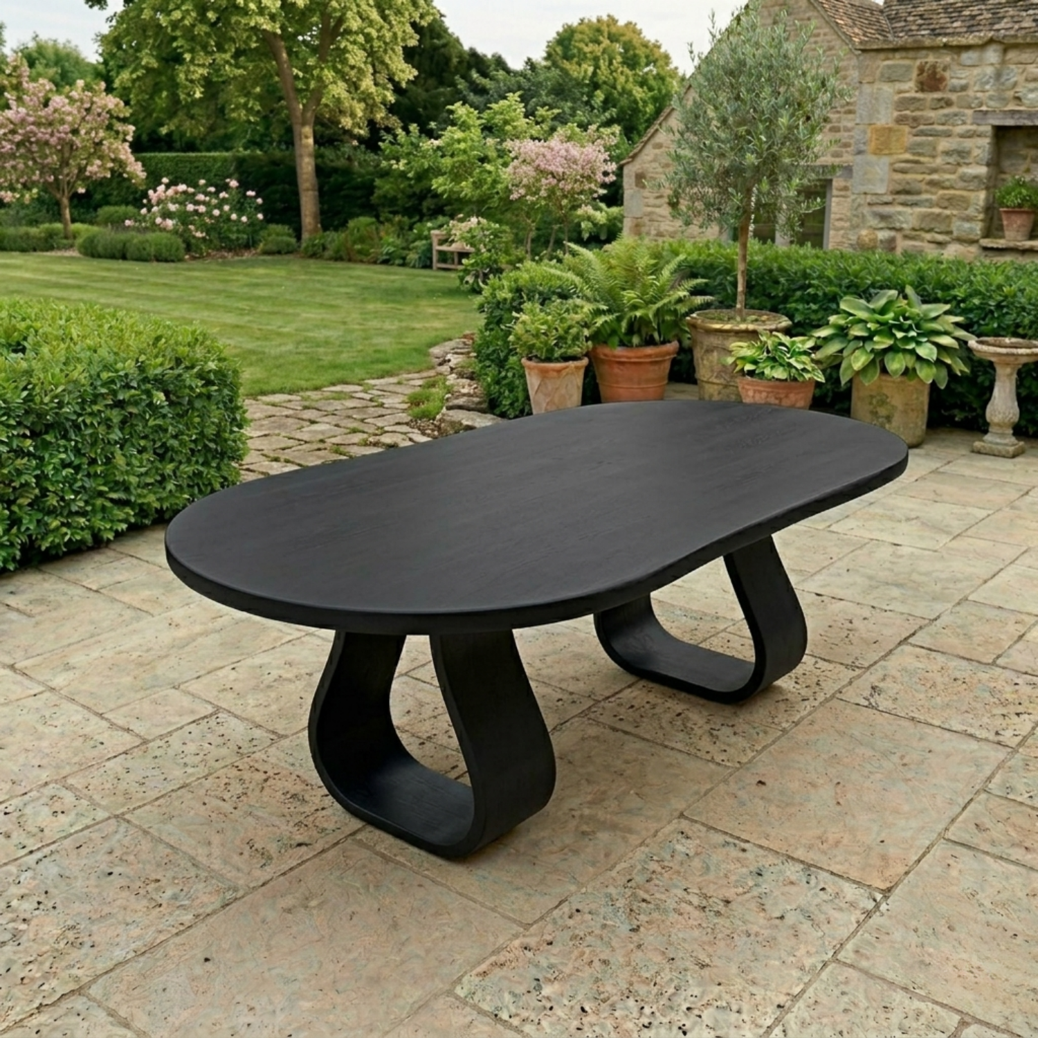 Solid Wood Outdoor Dining Table Oval Top with Sculptural Loop Base
