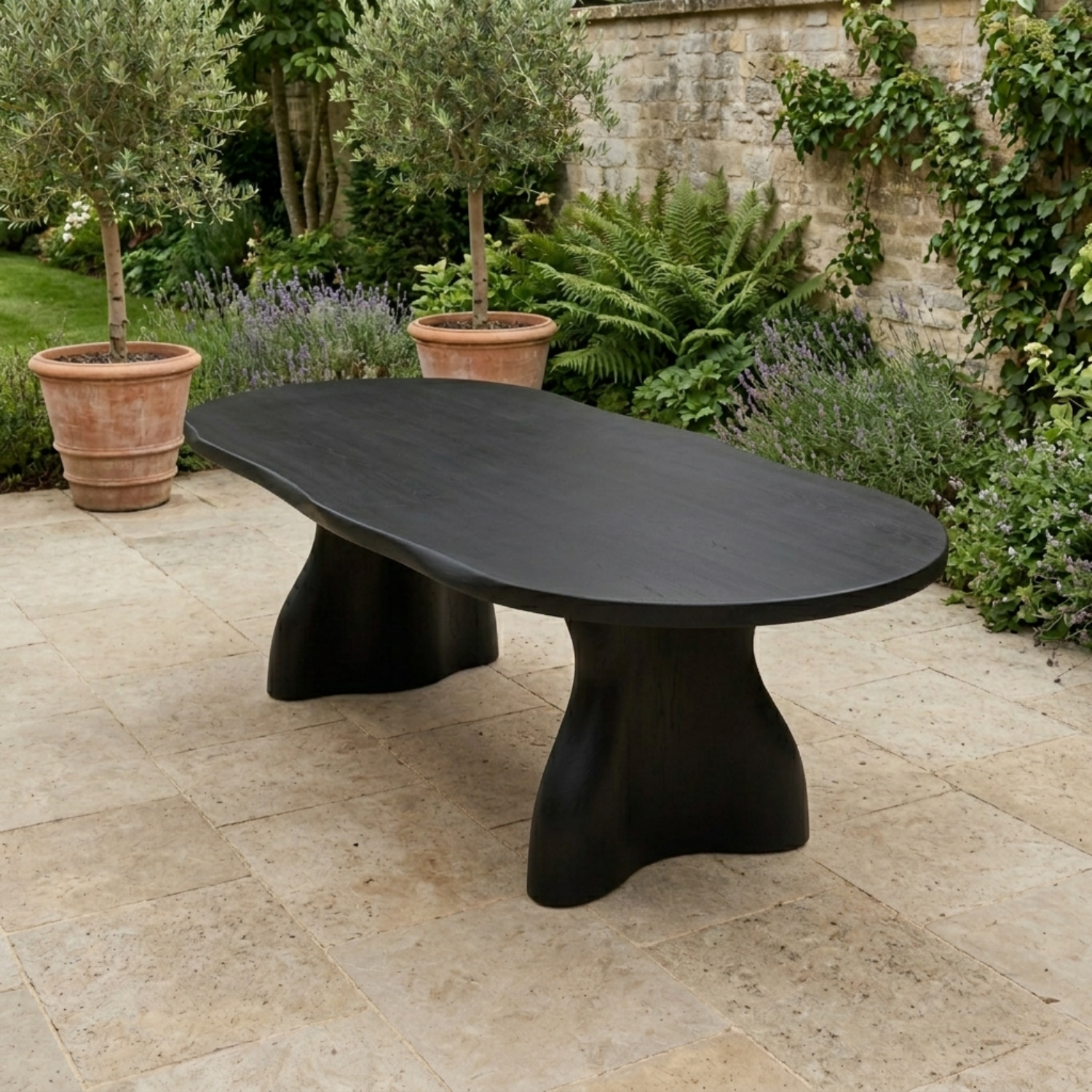 Solid Wood Outdoor Dining Table Oval Top with Organic Sculptural Pedestal Base
