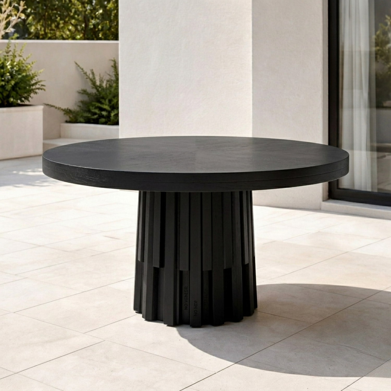 Round Solid Wood Outdoor Dining Table with Fluted Sculptural Pedestal Base