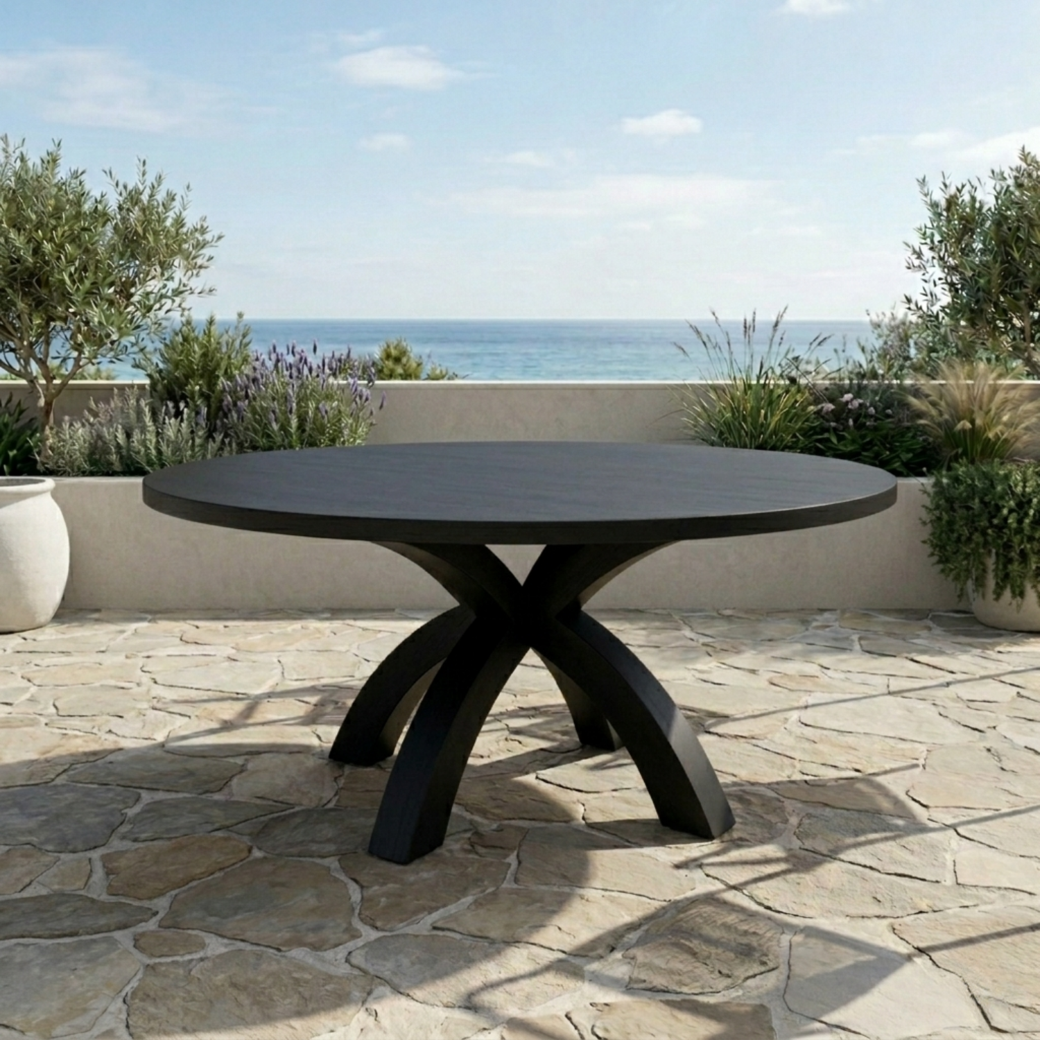 Round Solid Wood Outdoor Dining Table with Curved X Pedestal Base