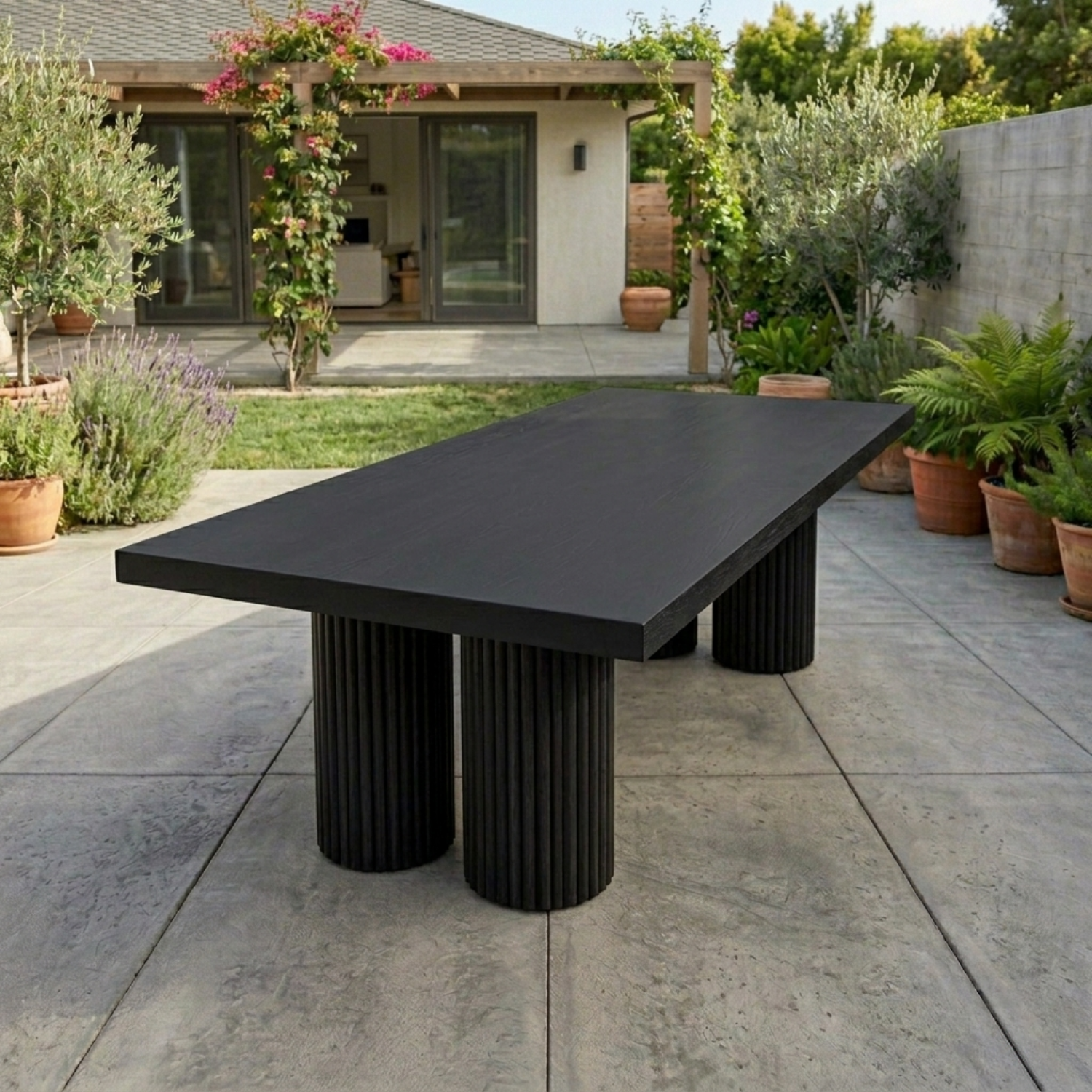 Rectangular Solid Wood Outdoor Dining Table with Double Fluted Pedestal Bases