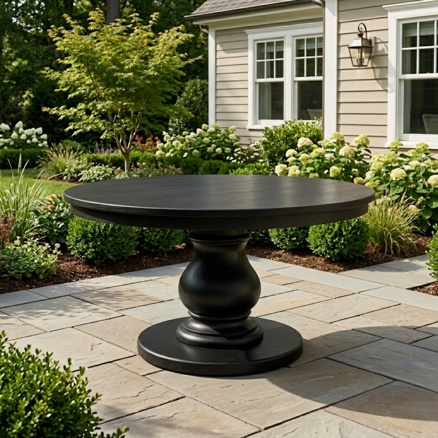 Round Solid Wood Outdoor Dining Table with Classic Turned Pedestal Base