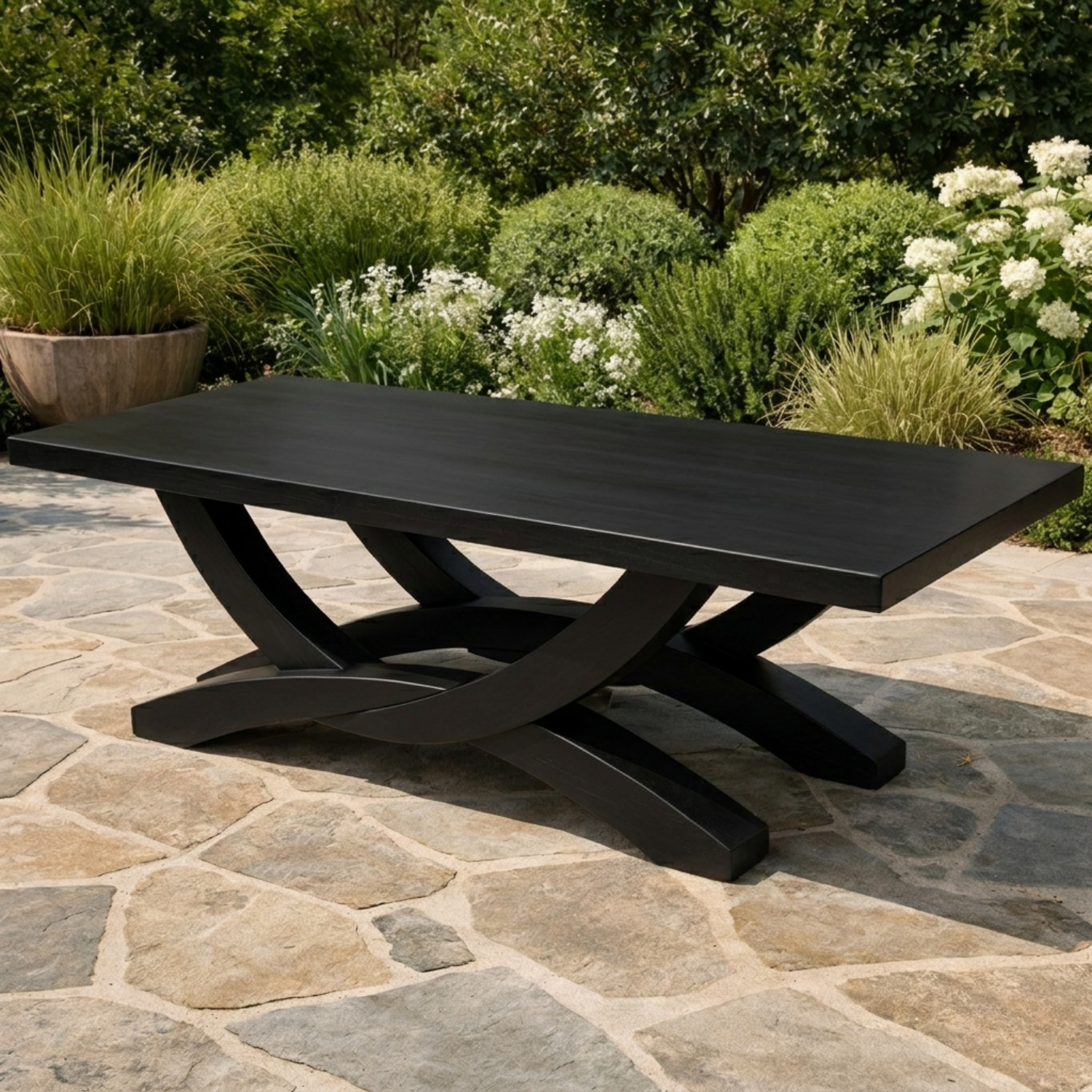 Solid Wood Outdoor Dining Table Rectangular Top with Sculptural Cross Base