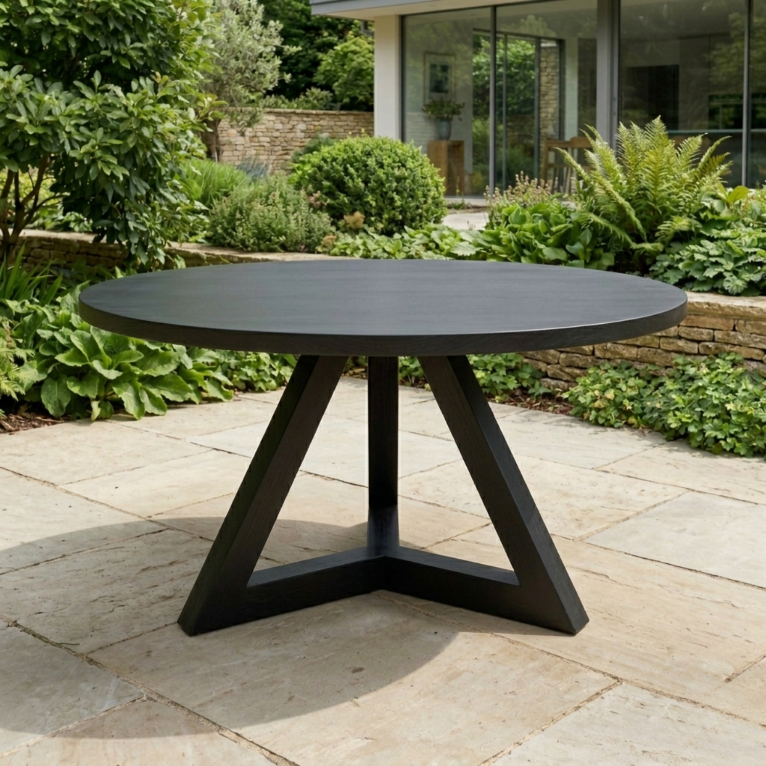 Round Solid Wood Outdoor Dining Table with Angular Cross Pedestal Base