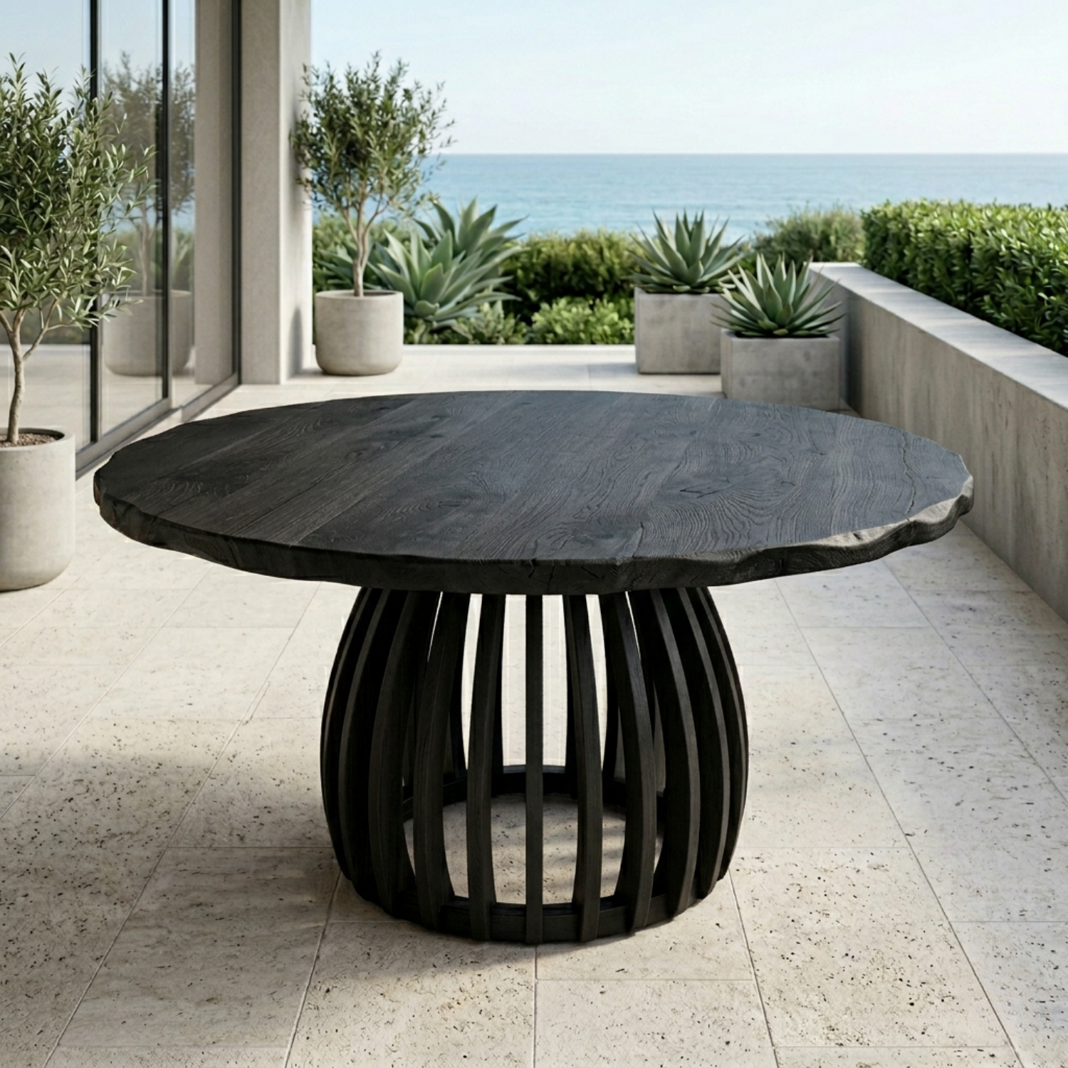 Round Live Edge Solid Wood Outdoor Dining Table with Sculptural Slatted Pedestal Base