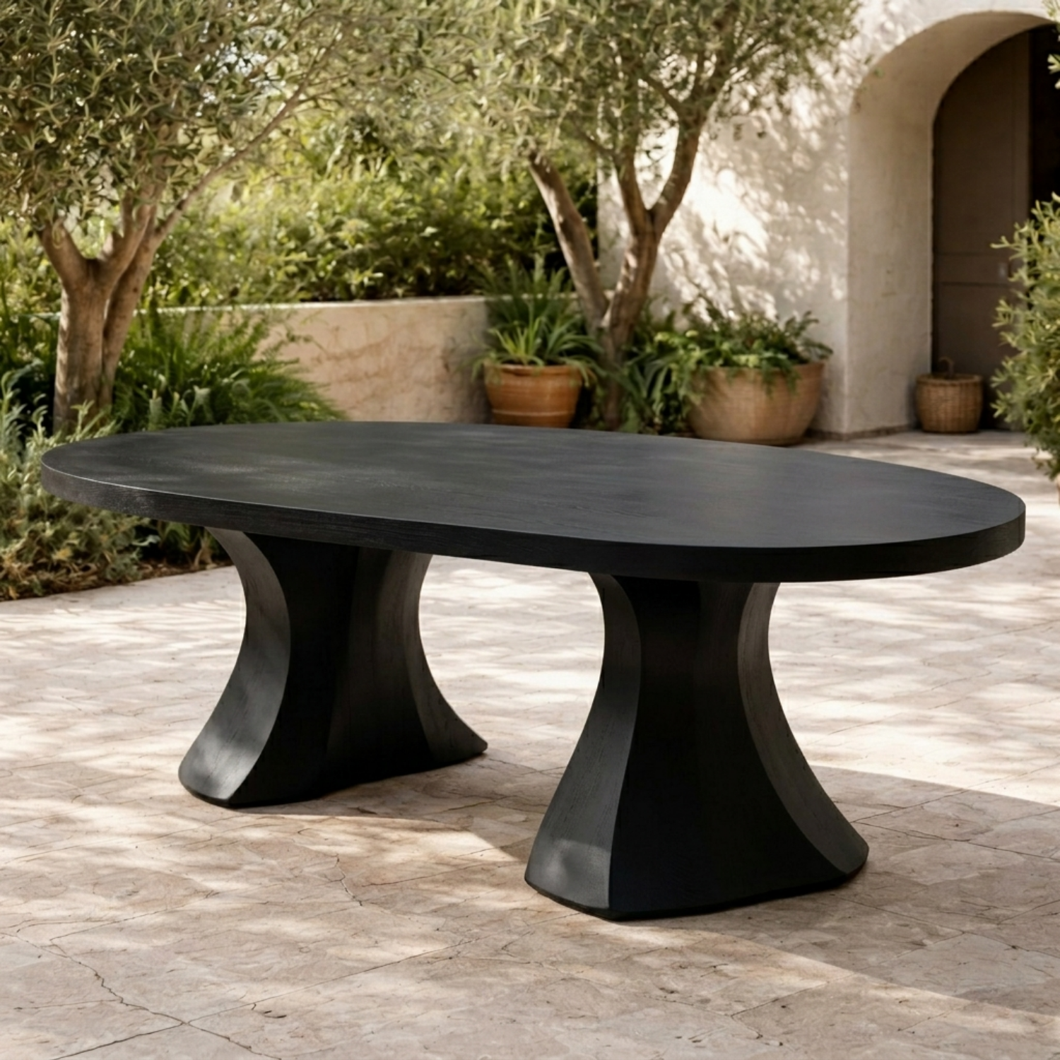 Oval Solid Wood Outdoor Dining Table with Sculpted Pedestal Bases